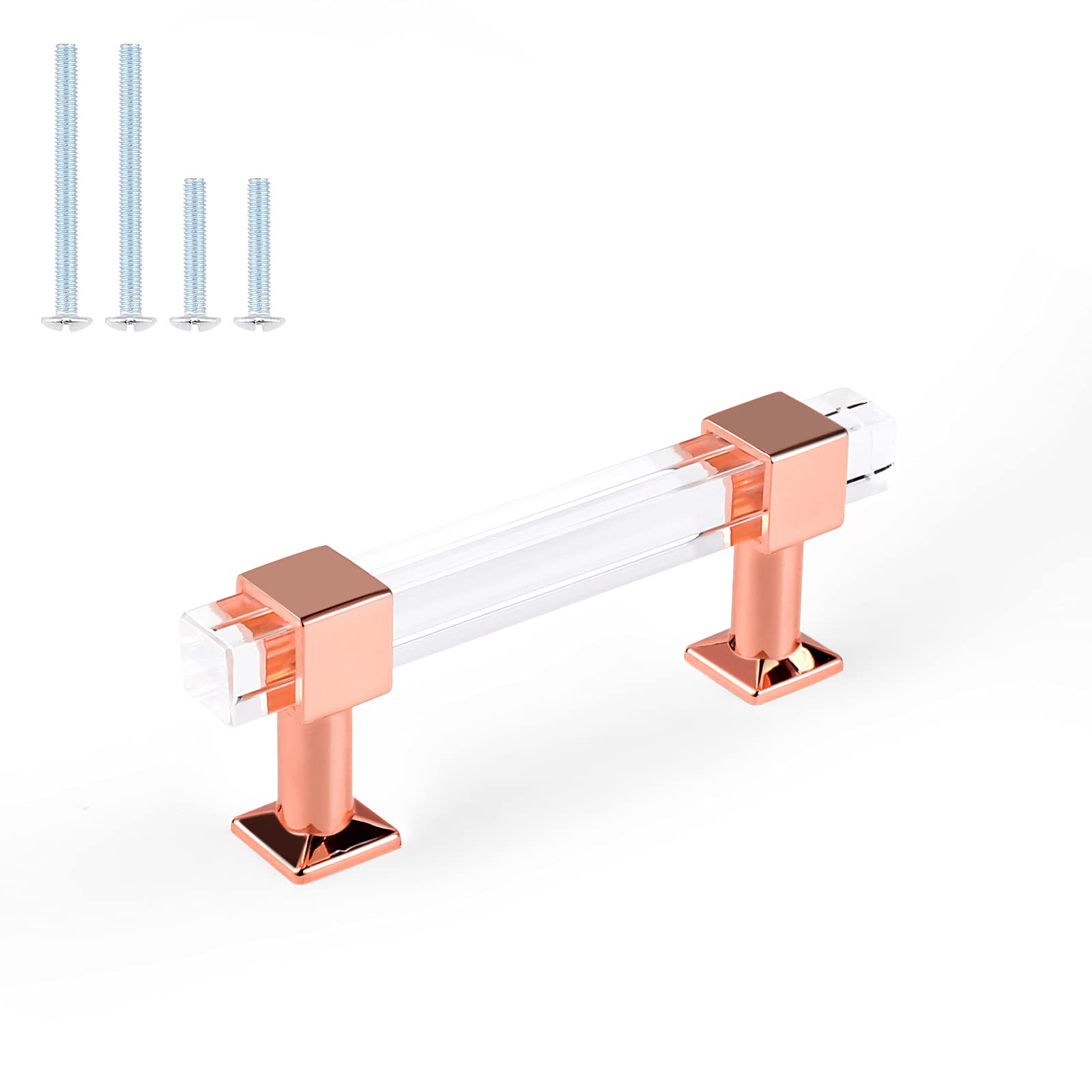 30 Pack Clear Acrylic Cabinet Handles with Rose Gold Finish - 3 Inch Hole Centers Modern Square Drawer Pulls for Kitchen & Bathroom Cabinets - Perfect for Home Renovation, Furniture Upgrade and Interior Decor