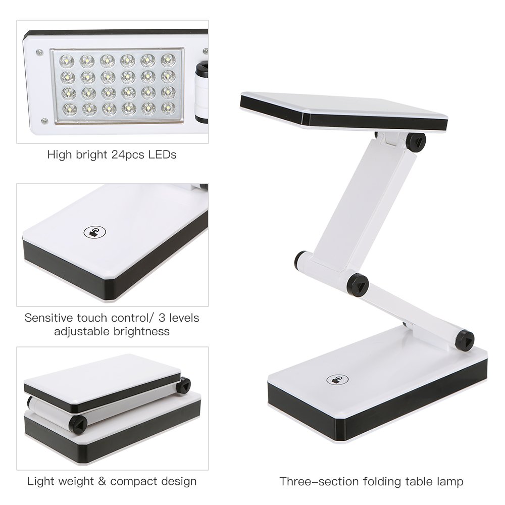 Foldable LED Desk Lamp with Touch Control - 3 Brightness Levels, USB & Battery Powered - Portable Reading Light for Travel, Study, Home Office & School - Perfect for Night Reading, Working & Studying in Bed or Desk