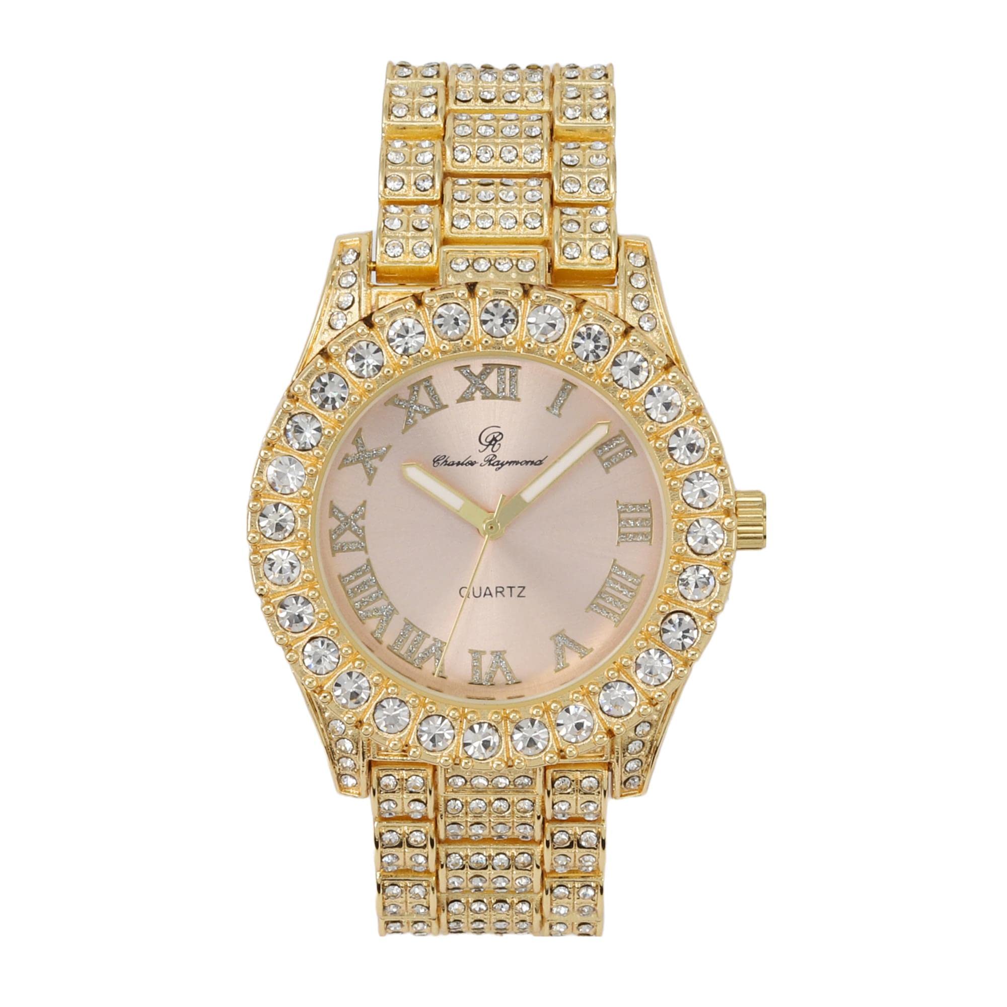 Luxury Women's Iced Out Watch with Big Rocks Bezel & Roman Numerals - ST10327LA | Elegant Gold/Silver Colored Dial for Parties, Gifts & Special Occasions