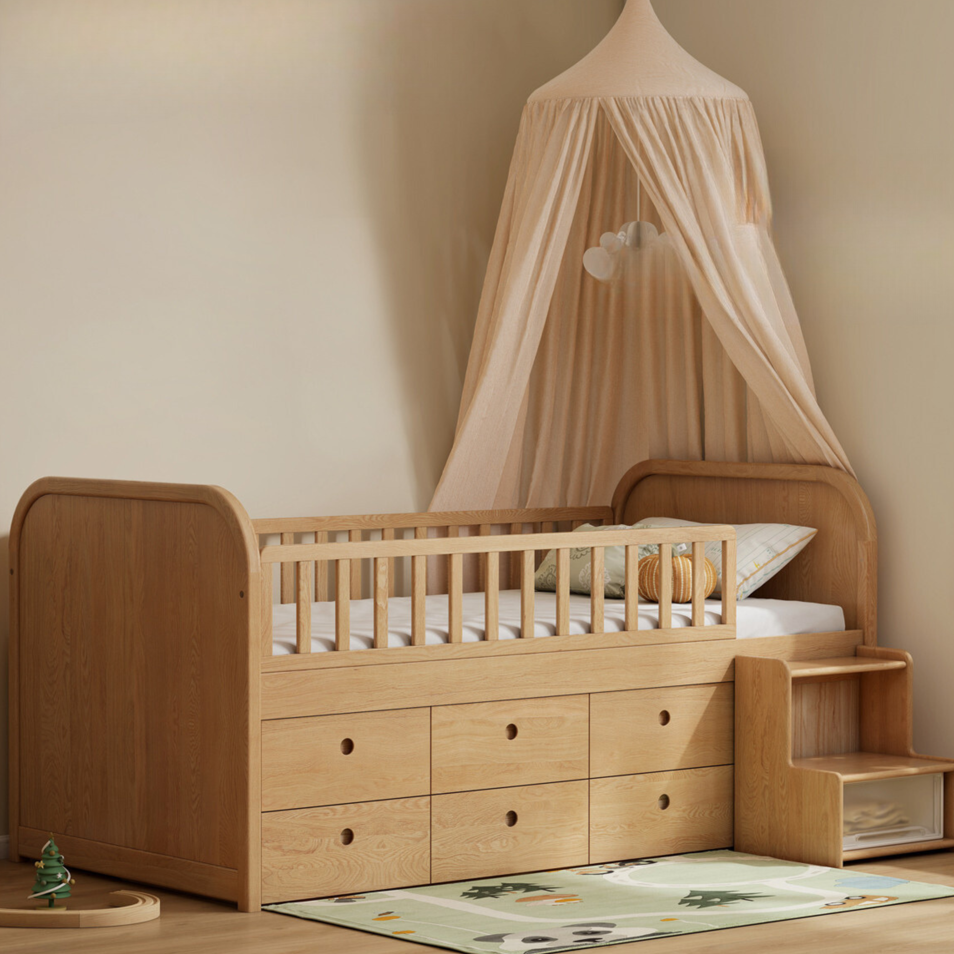 Solid Oak Wood Multi-Function Storage Bed with Wide Underbed Drawers - Perfect for Bedroom Organization & Small Space Living