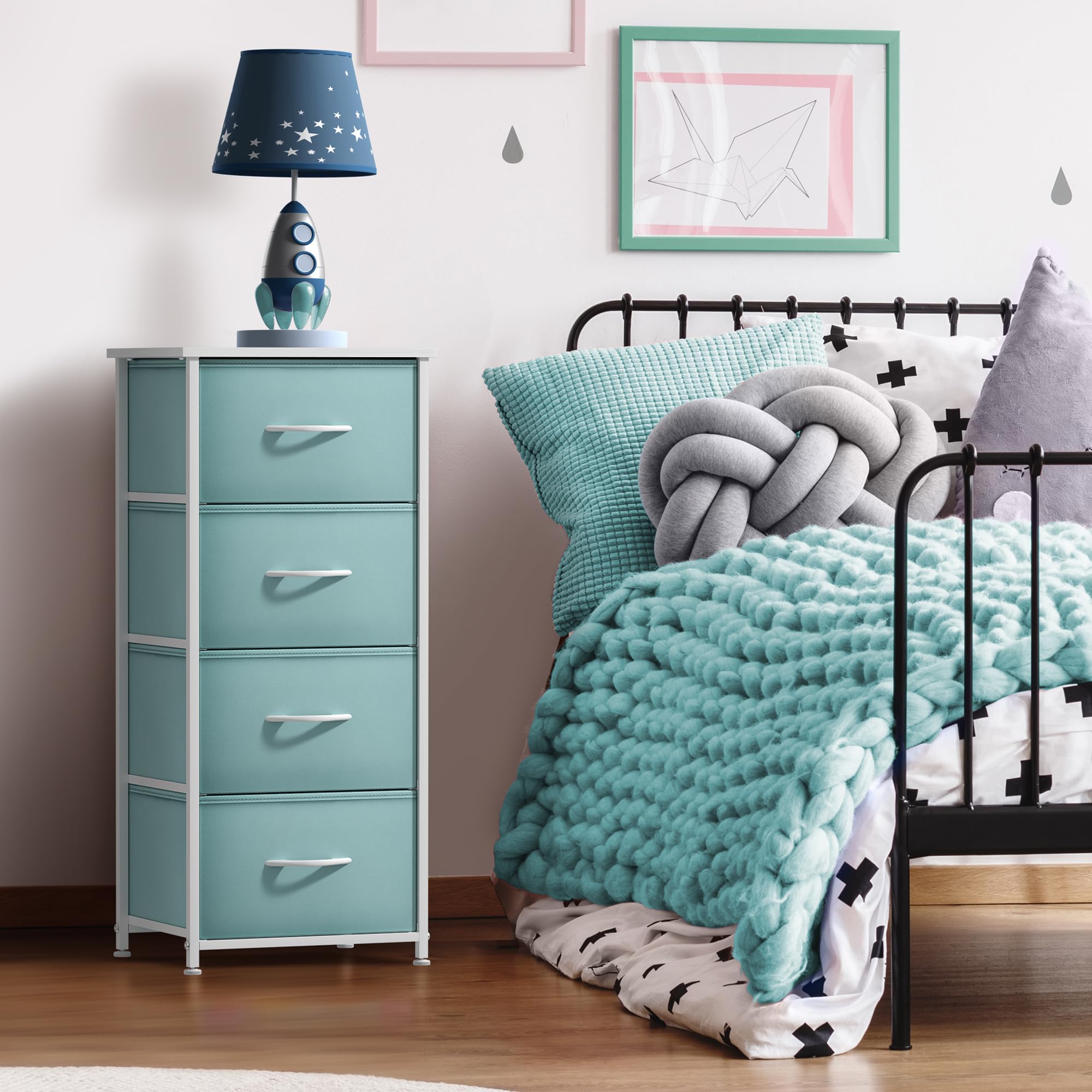 Sorbus 5-Tier Dresser Storage Tower with Fabric Bins - Wood Top & Steel Frame Organizer for Clothes, Toys, Accessories | Perfect for Kids Bedroom, College Dorm, Closet Organization (Aqua Blue) - Space-Saving Solution for Small Rooms & Apartment Living