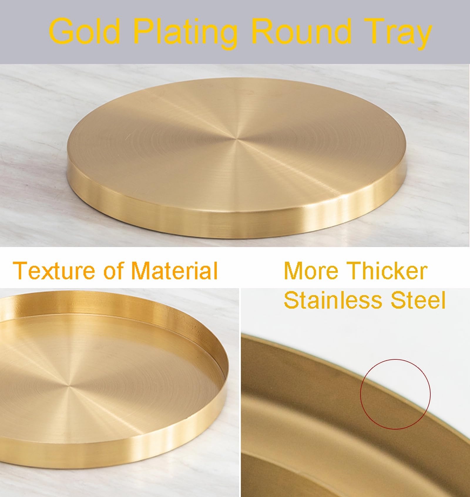 Elegant Stainless Steel Round Tray - 12 Inch Gold Jewelry Organizer, Makeup Tray & Serving Dish for Vanity, Bathroom, Dresser | Perfect for Jewelry Display, Cosmetic Storage, Breakfast in Bed, Tea Party & Dinner Serving | Home Decor & Entertaining Essential