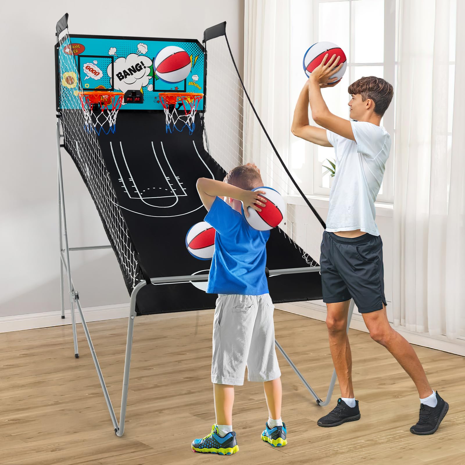 Giantex Foldable Basketball Arcade Game - Electronic Double Shot 2 Player with 8 Game Modes & LED Scoring System - Includes 4 Balls - Indoor Basketball Game for Kids & Adults - Perfect for Family Game Nights, Birthday Parties and Home Entertainment