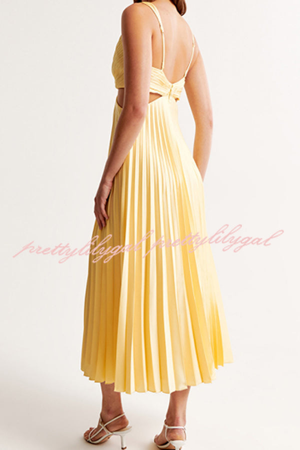 Elegant Summer Floral Print Pleated Cutout Waist Loose Midi Dress for Women - Perfect for Beach Vacations, Garden Parties & Casual Outings