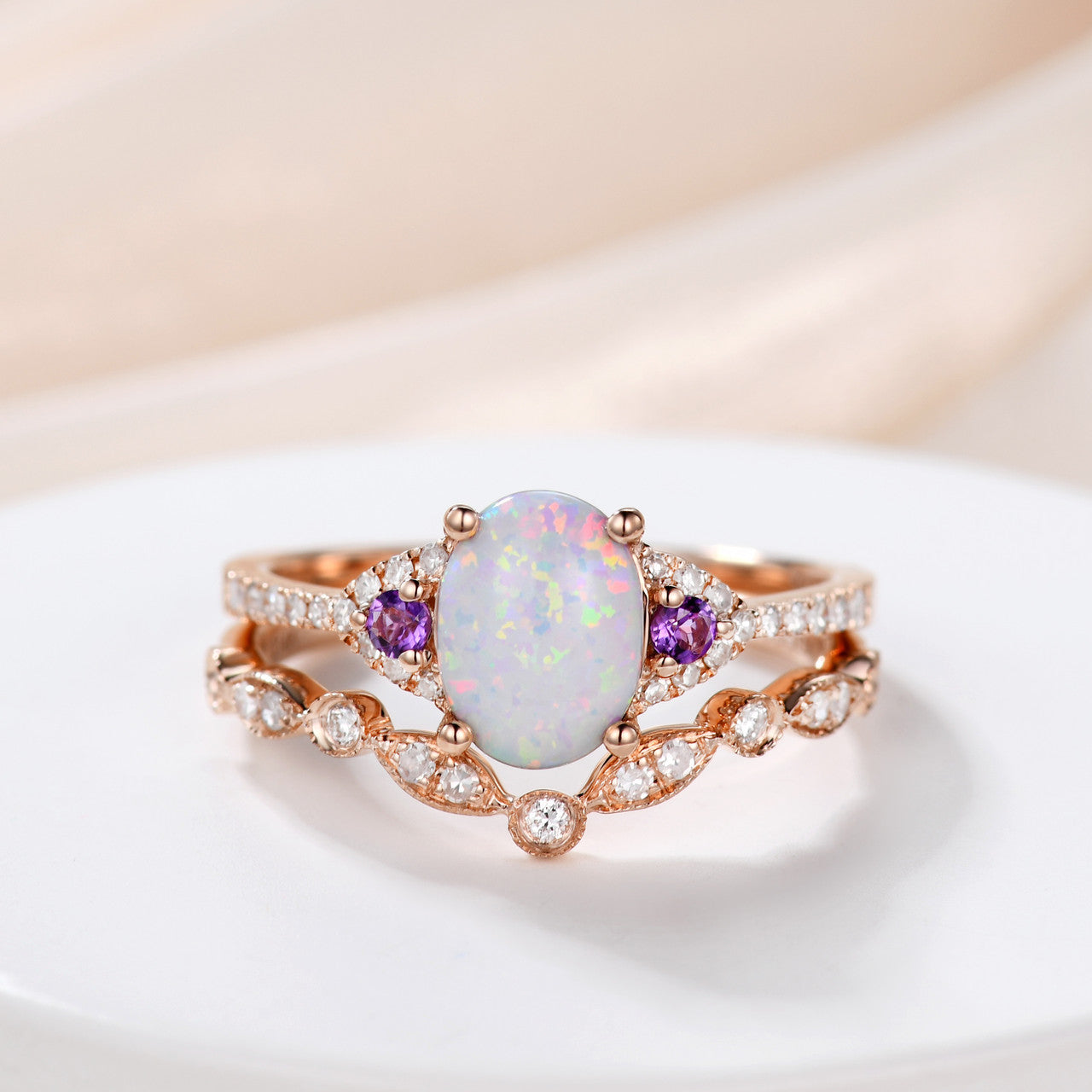 Vintage Art Deco Oval Opal Diamond Engagement Ring for Women - 14K Rose Gold Wedding Band with Amethyst Accent - Perfect for Proposals, Anniversaries & Special Occasions