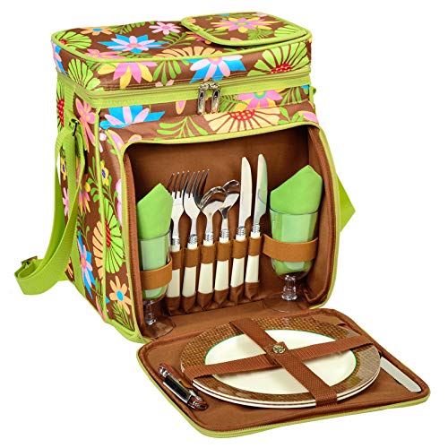 Two Person Picnic Backpack with Insulated Cooler Compartment - Floral Design Outdoor Picnic Set for Couples, Hiking & Beach Dates