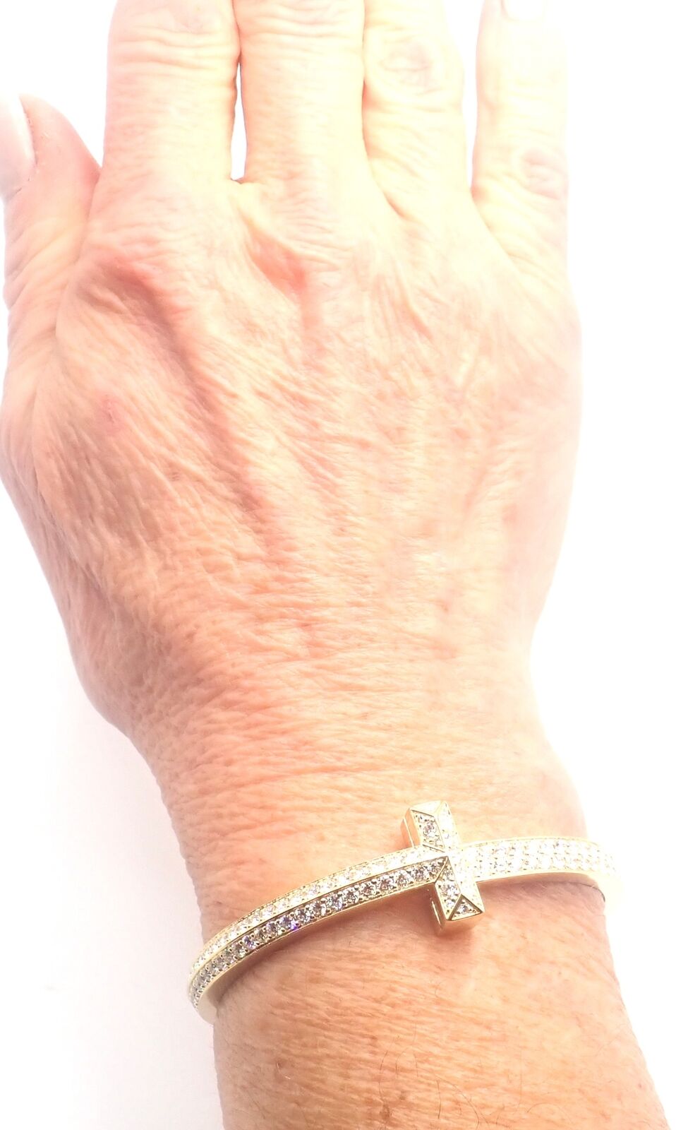 Authentic Tiffany & Co 18k Yellow Gold Diamond T1 Wide Hinged Bangle Bracelet - Luxury Jewelry for Women, Perfect for Weddings, Anniversaries & Special Occasions
