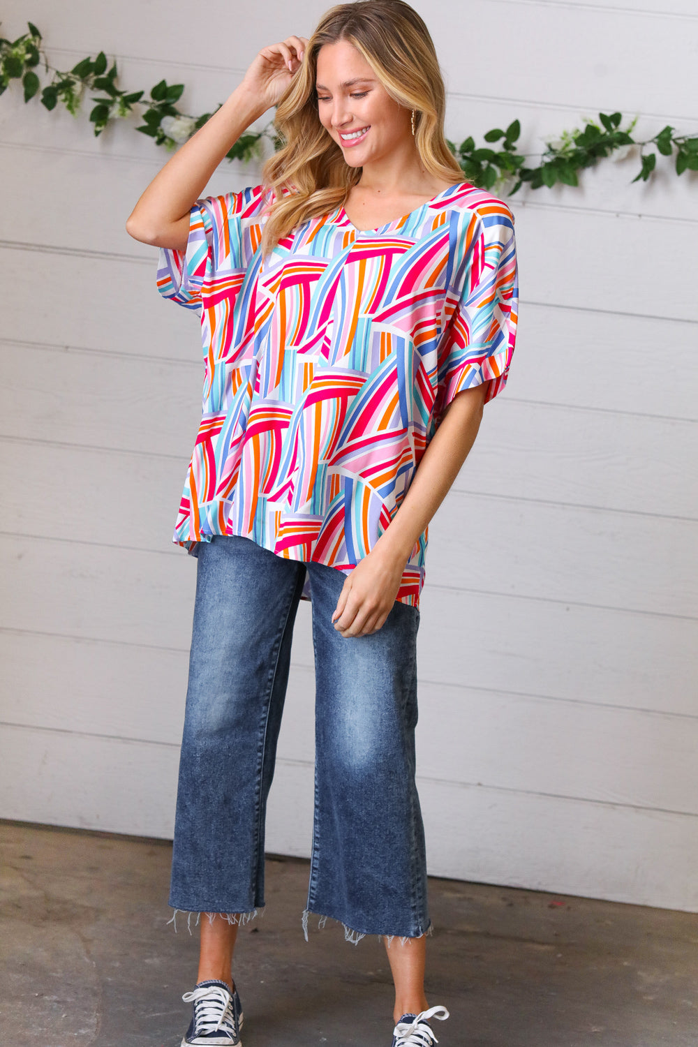 Stylish Blue & Fuchsia Geometric Print Woven Top for Women | Trendy Casual Blouse for Summer Outfits, Office Wear & Date Nights
