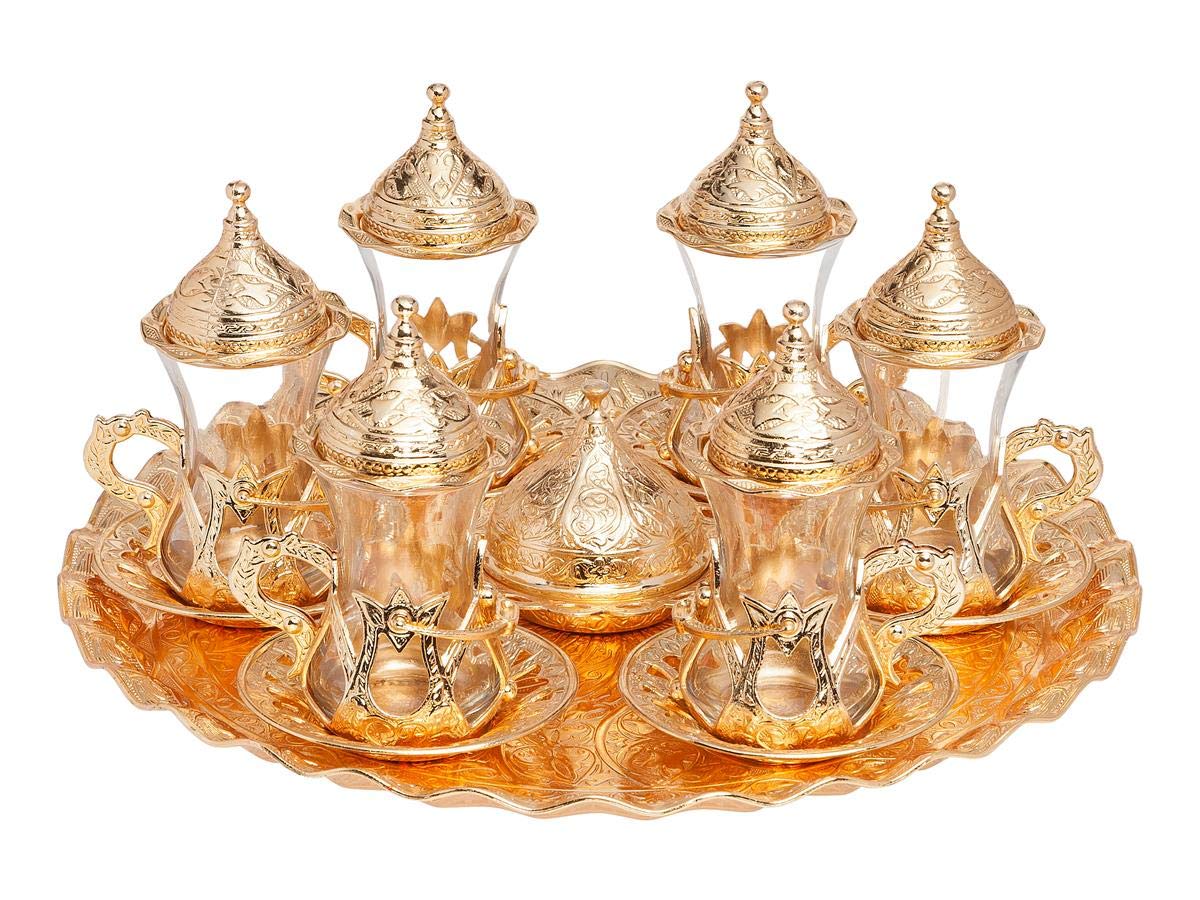 Handmade Turkish Tea Set with Zamzam Water Glasses, Saucer, Tray & Gold Spoon - Traditional Serving Set for Afternoon Tea, Home Decor & Gift Giving
