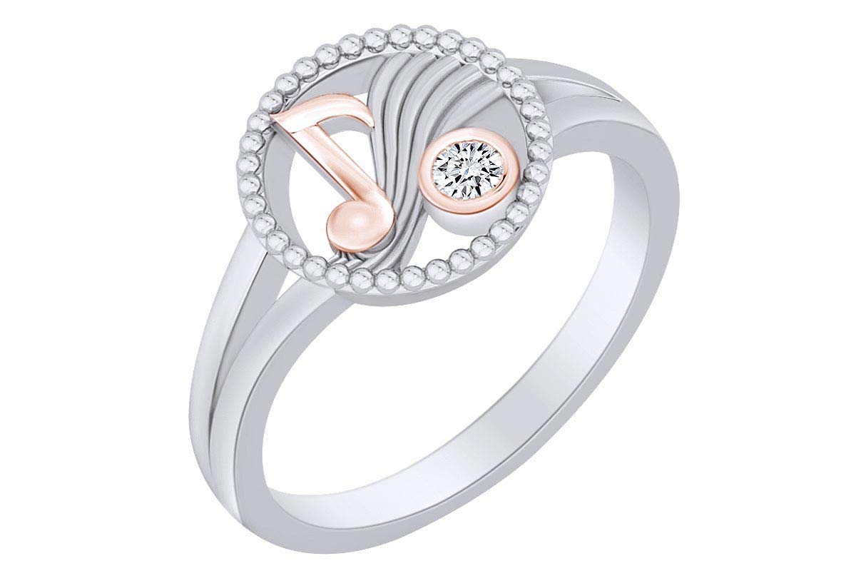 Round White Natural Diamond Accent Two-Tone Musical Note Solitaire Ring - Elegant Jewelry for Musicians, Gift for Music Lovers & Special Occasions