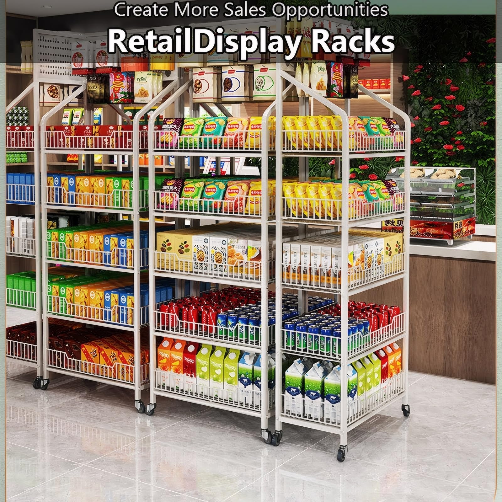 5-Tier Metal Retail Display Rack with Wheels - Heavy Duty Storage Shelf for Snacks, Fruits, Tools - Easy Assembly 19.7