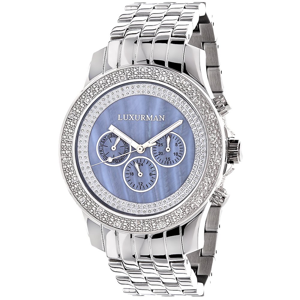 LUXURMAN Men's Diamond Watch - 0.25ct Blue Dial Luxury Stainless Steel Dress Watch for Business, Formal & Special Occasions
