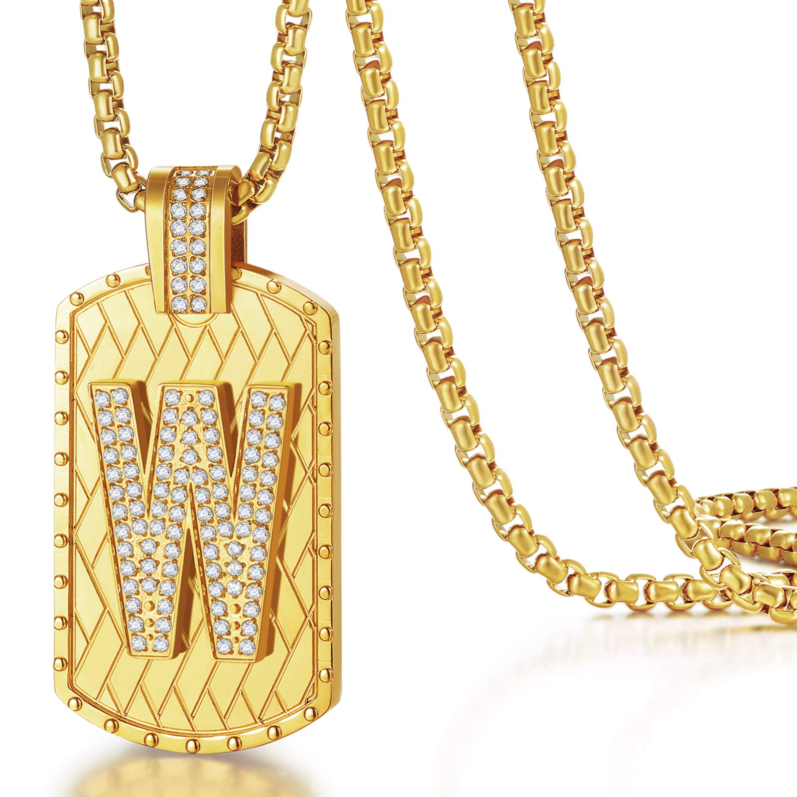ETEVON Gold Plated Initial Necklace - Stainless Steel Large Letter Pendant with Square Chain, Hip Hop Jewelry Gift for Men, Women, Boys | Birthday, Father's Day, Anniversary Present for Husband, Boyfriend, Son | Perfect for Casual Wear, Date Nights, Special Occasions