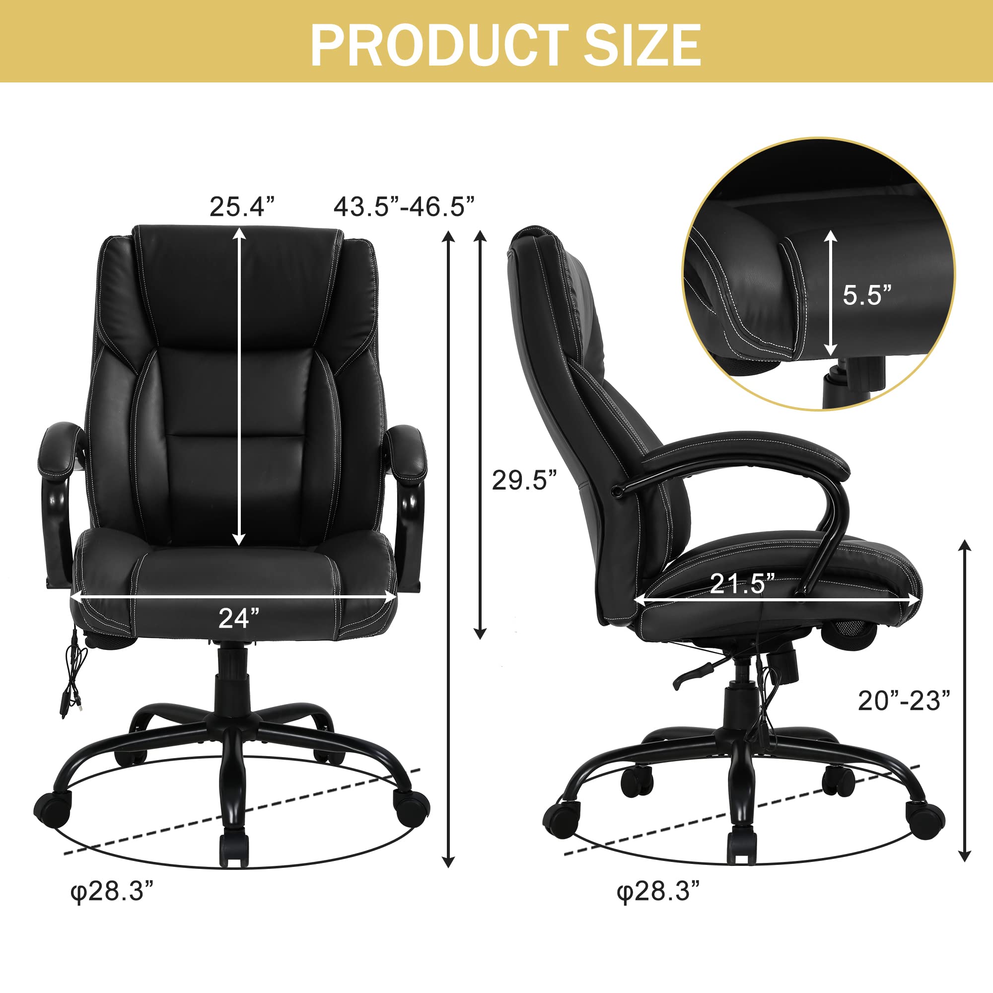 Ergonomic Office Desk Chair 500lbs Capacity - Big and Tall High Back Computer Chair with Adjustable Lumbar Support & Massage - PU Leather Executive Swivel Rolling Task Chair for Home Office (Black) - Perfect for Long Work Hours & Gaming Sessions