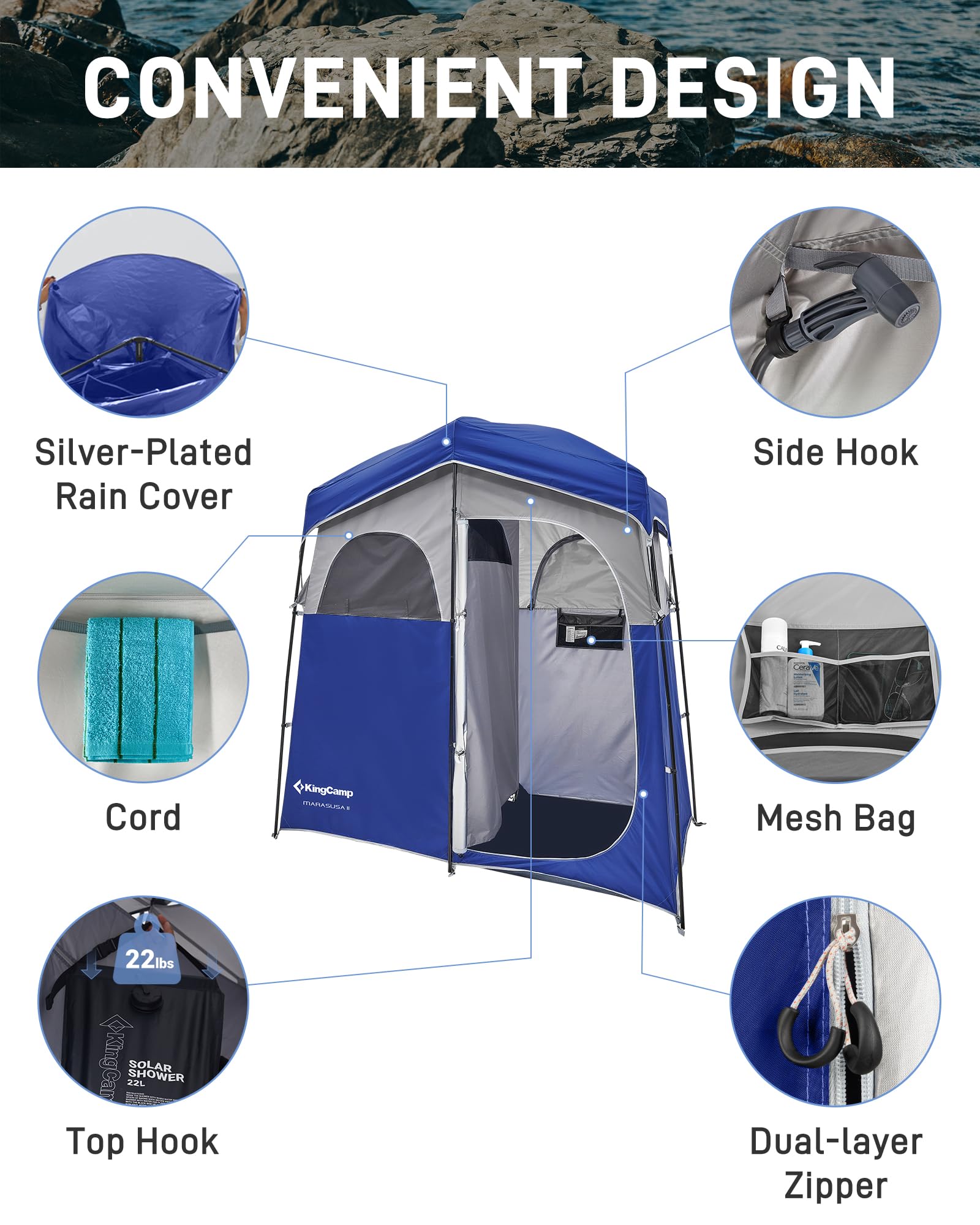 **KingCamp Oversized Portable Camping Shower Tent – Privacy Shelter for Outdoor Showers & Changing Room, Easy Setup with Shower Bag (1 or 2 Rooms) – Perfect for Camping, Hiking, Beach & RV Trips**