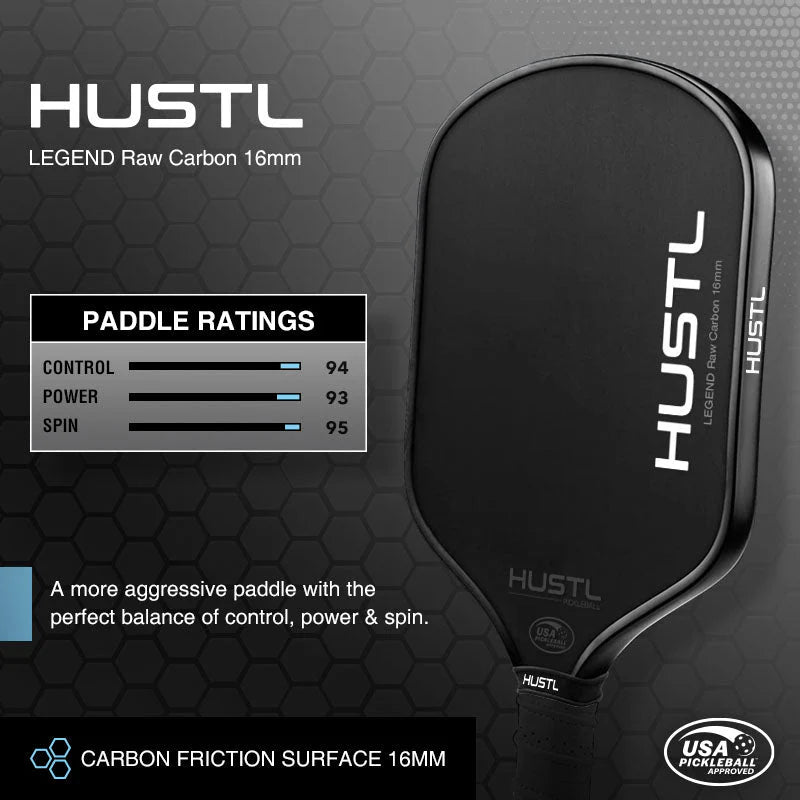 HUSTL Legend Gen 2 16mm Raw Carbon Fiber Pickleball Paddle - Lightweight & Durable for Competitive Play & Outdoor Games