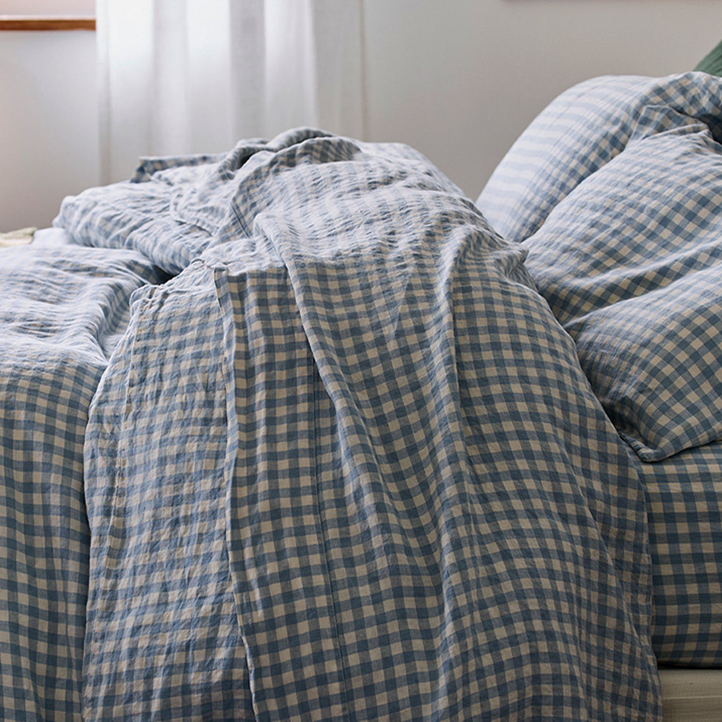 Premium Blue Gingham Linen Blend Flat Sheet - Soft & Breathable Bedding for All Seasons - Perfect for Guest Rooms, Vacation Homes & Cozy Bedroom Decor