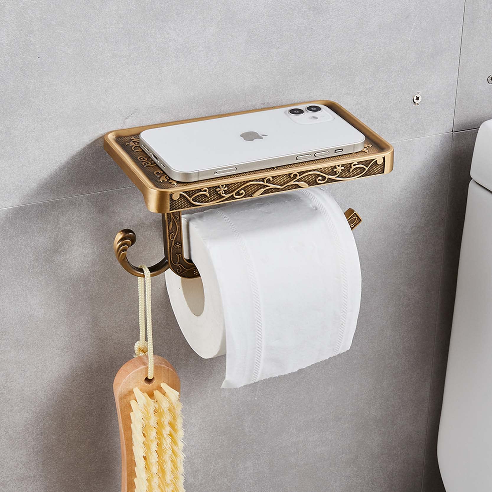 Vintage Wall Mount Toilet Paper Holder with Shelf - Aluminum Bathroom Tissue Roll Holder for Home & Office (White) | Perfect for Small Bathrooms, Powder Rooms & RVs
