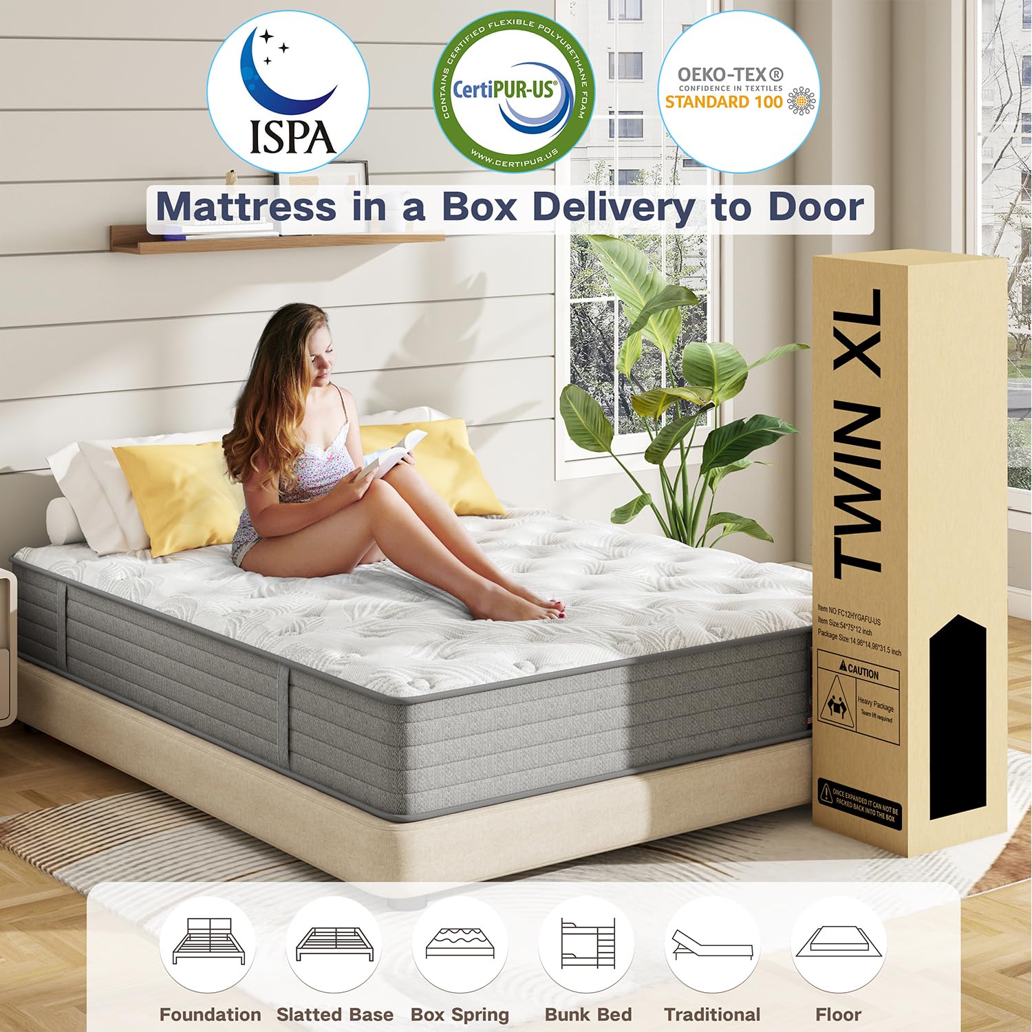 12 Inch Twin XL Hybrid Mattress in a Box - Gel Memory Foam & Pocket Springs for Back Support, Pressure Relief - Medium Firm, CertiPUR-US Certified (39