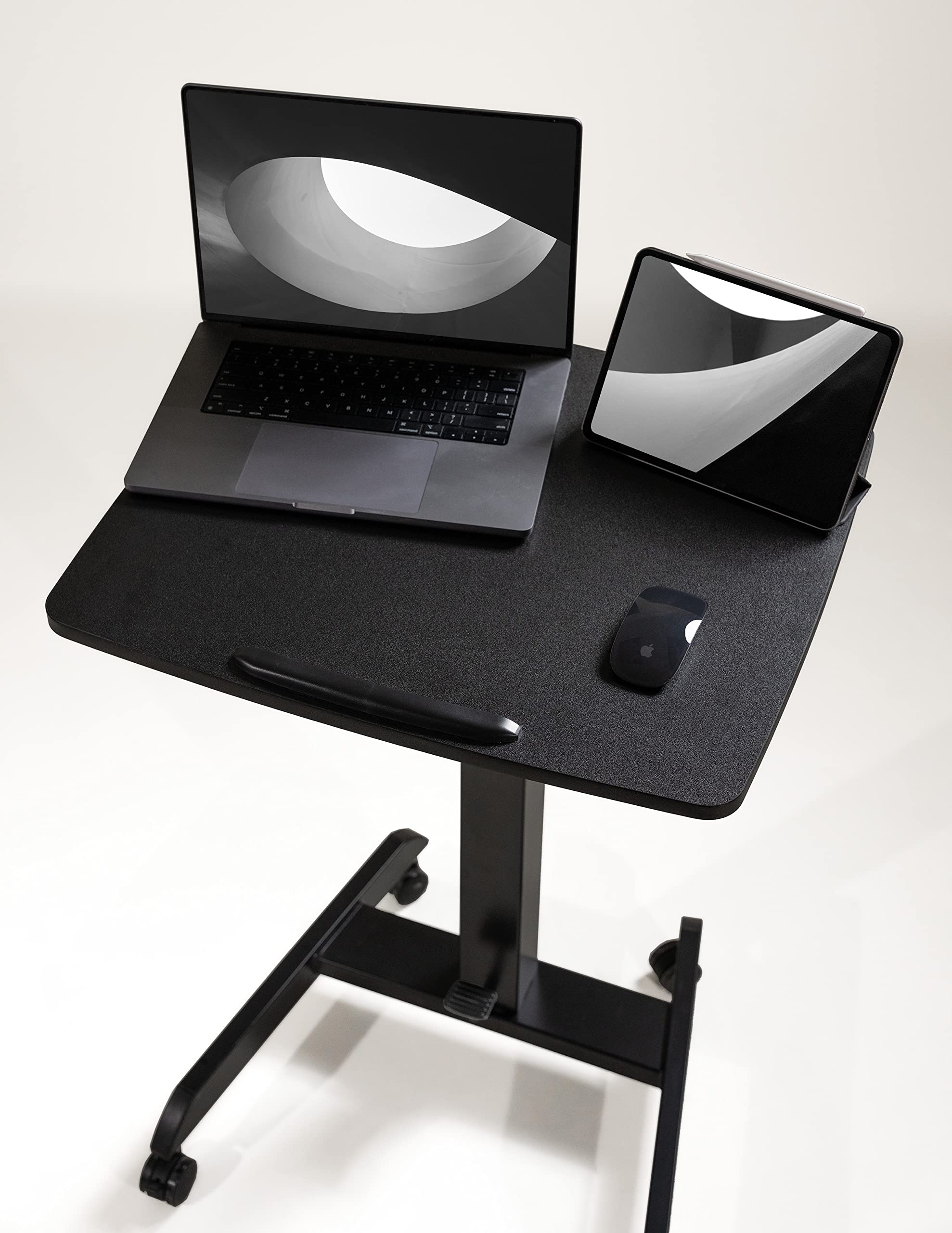 Adjustable Mobile Podium Stand with Wheels - Pneumatic Standing Desk & 30° Tilting Top, Portable Lectern for Office, Classroom & Home Use - Ideal for Presentations, Meetings & Computer Work (Black)