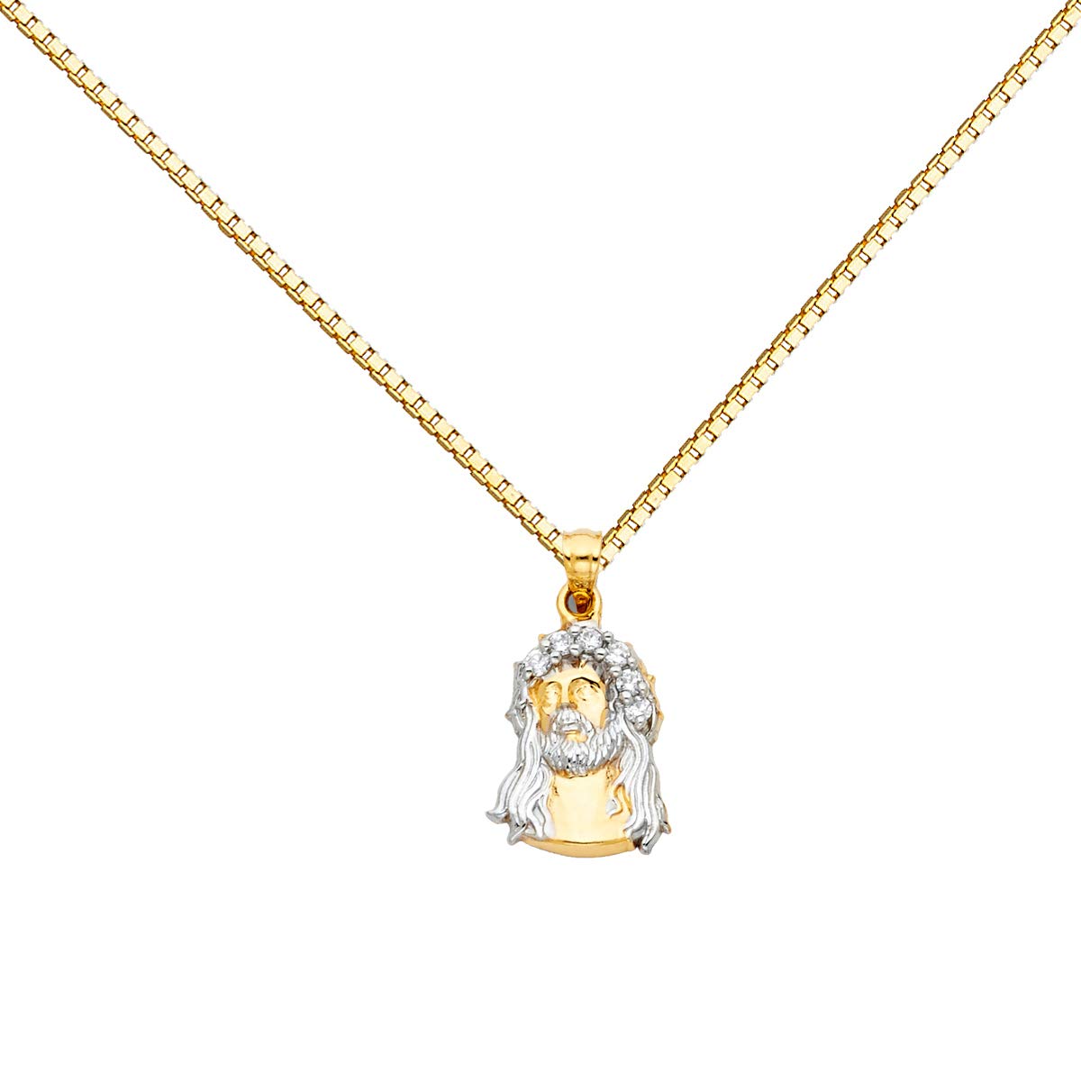 14K Two Tone Gold Jesus Face Religious Pendant Charm with 1mm Box Chain Necklace - Perfect for Baptism, First Communion & Spiritual Gifts