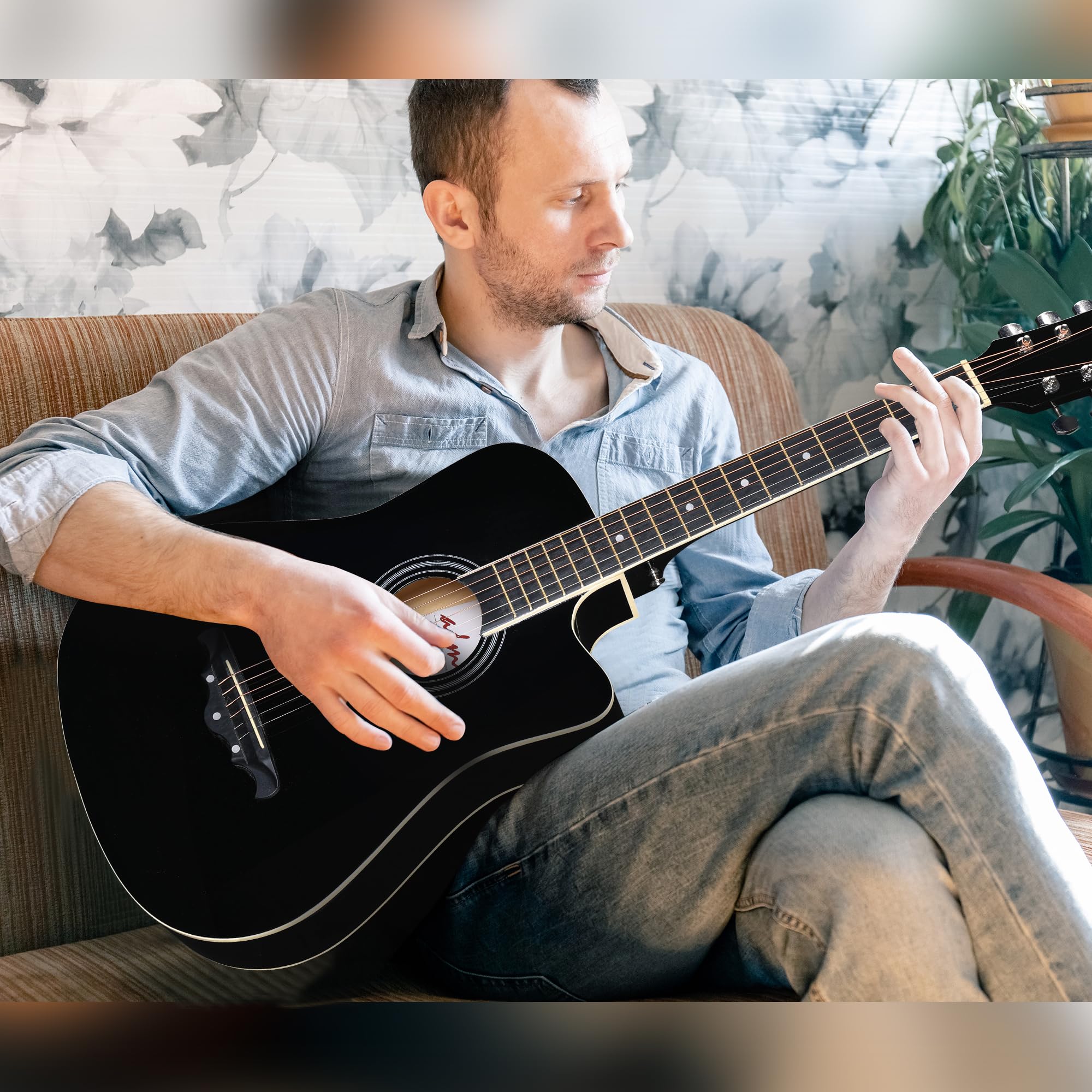 ADM 38-Inch Cutaway Acoustic Guitar Starter Kit for Beginners & Adults - Full Size Wood Guitar with Gig Bag, Strap, Steel Strings, Picks, Capo & Stand (Black) | Perfect for Home Practice, Music Lessons & Campfire Performances