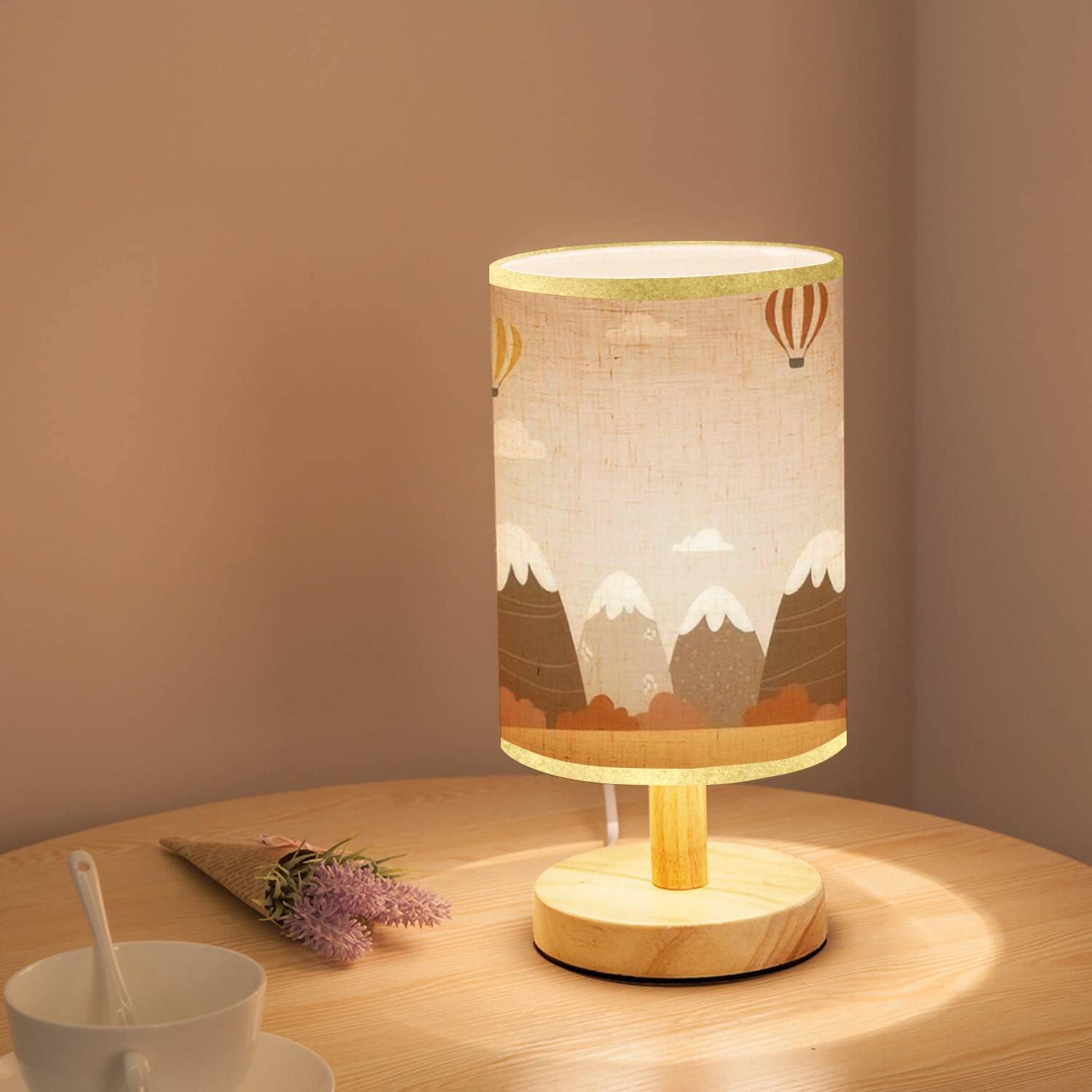 Minimalist Wooden Nightstand Lamp with Mountain Forest Cloud & Hot Air Balloon Design - Flaxen Fabric Shade for Bedroom, Living Room | Perfect for Reading, Relaxing & Home Decor