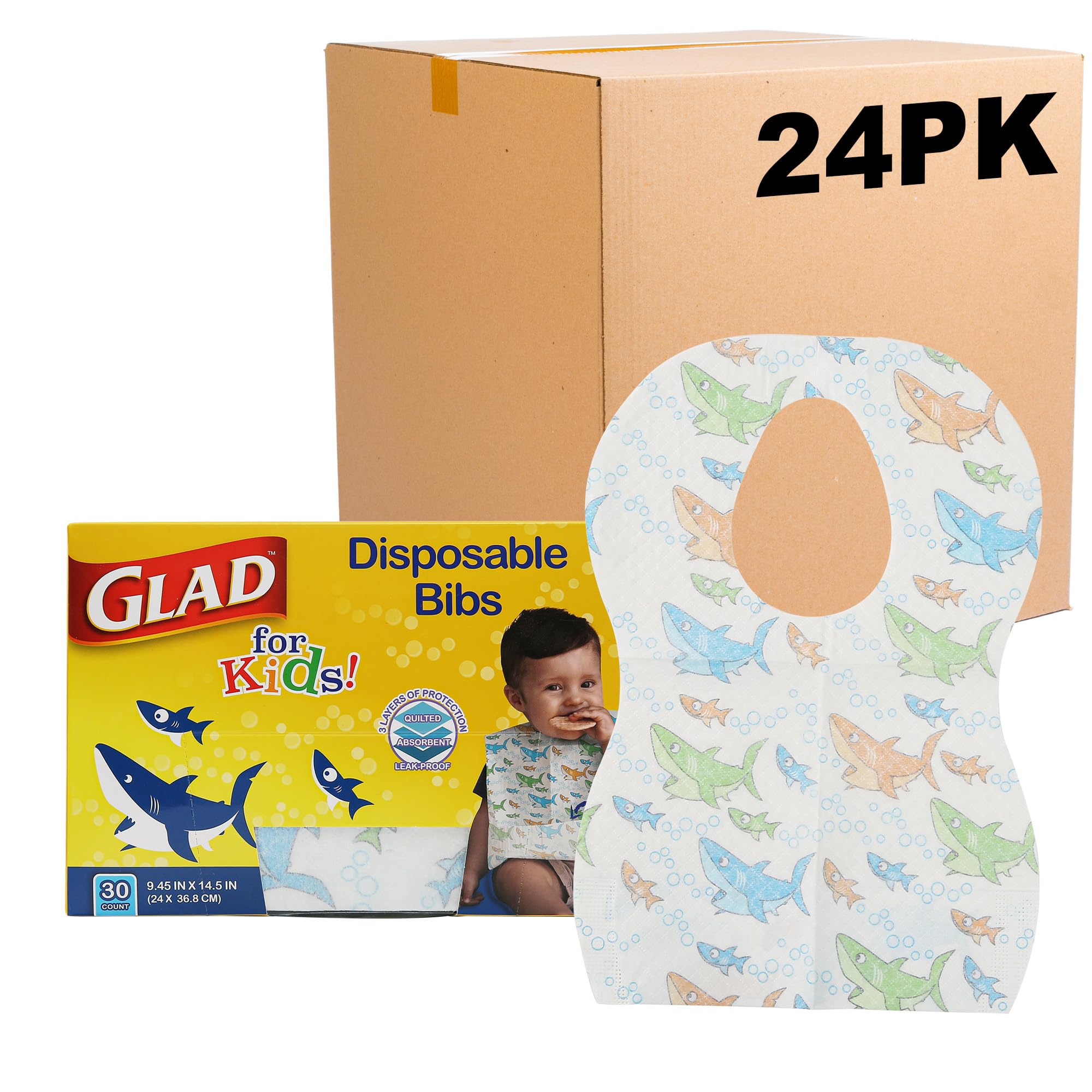 Glad Disposable Paper Bibs with Adorable Shark Design for Babies & Toddlers - 24 Pack, Waterproof & Mess-Free Feeding - Perfect for Travel, Daycare & Mealtime