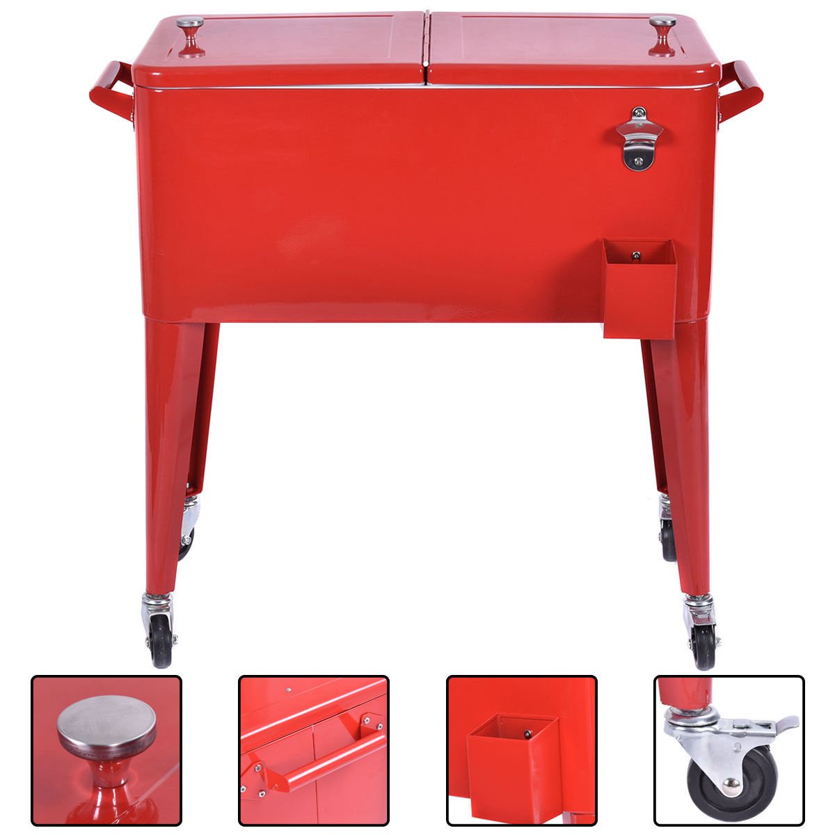 80 Quart Red Outdoor Patio Cooler Cart - Portable Ice Chest for Beer, Beverages & Party Drinks - Perfect for BBQs, Camping & Tailgating