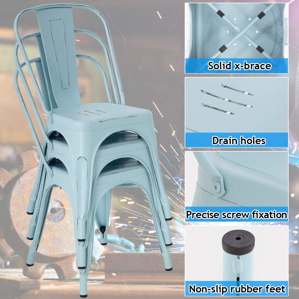 Metal Dining Chairs Set of 4 - Indoor Outdoor Stackable Bistro Chairs 330LBS Capacity - Rustic Industrial Cafe, Kitchen, Farmhouse, Pub & Restaurant Chairs in Blue - Perfect for Home, Patio, Coffee Shop & Dining Areas