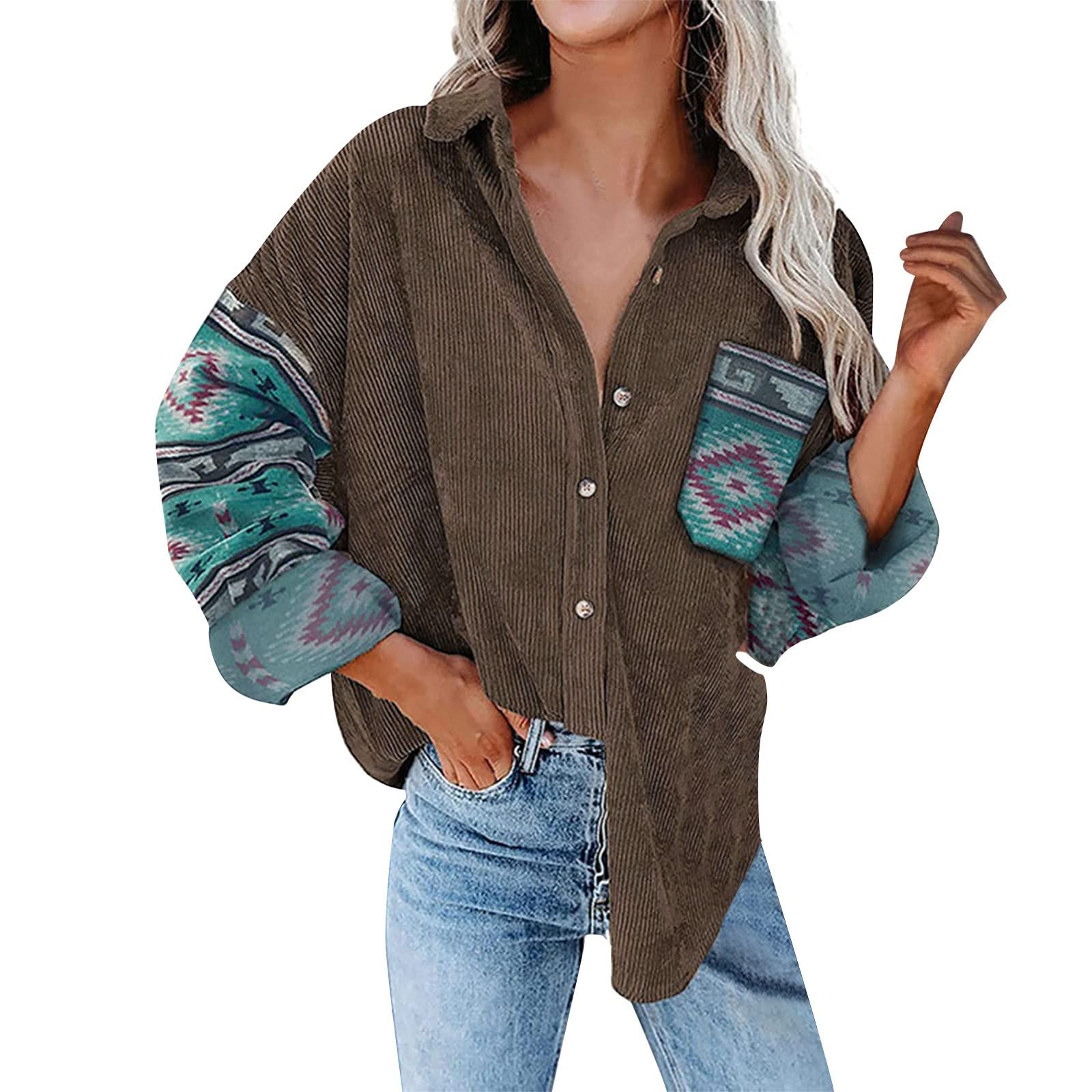 Women's Corduroy Long Sleeve Button Down Shirt with Contrast Buttons - Casual Office Wear & Fall Layering Essential