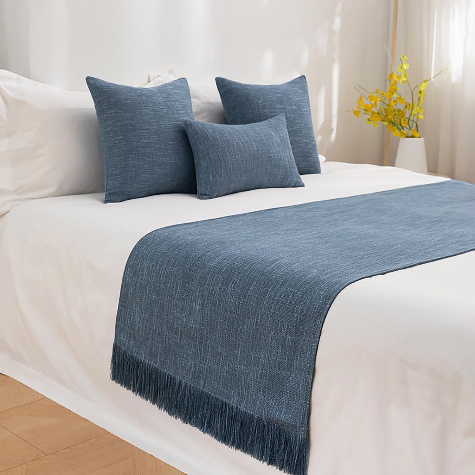 Premium Cotton Linen Bed Runner - Navy Blue Solid Color Decorative Bed Scarf with Elegant Tassels | Textured Bed Throw Protector for Queen Size Beds (19x82 inches) | Perfect for Hotel Bedrooms, Wedding Guest Rooms & Home Decor