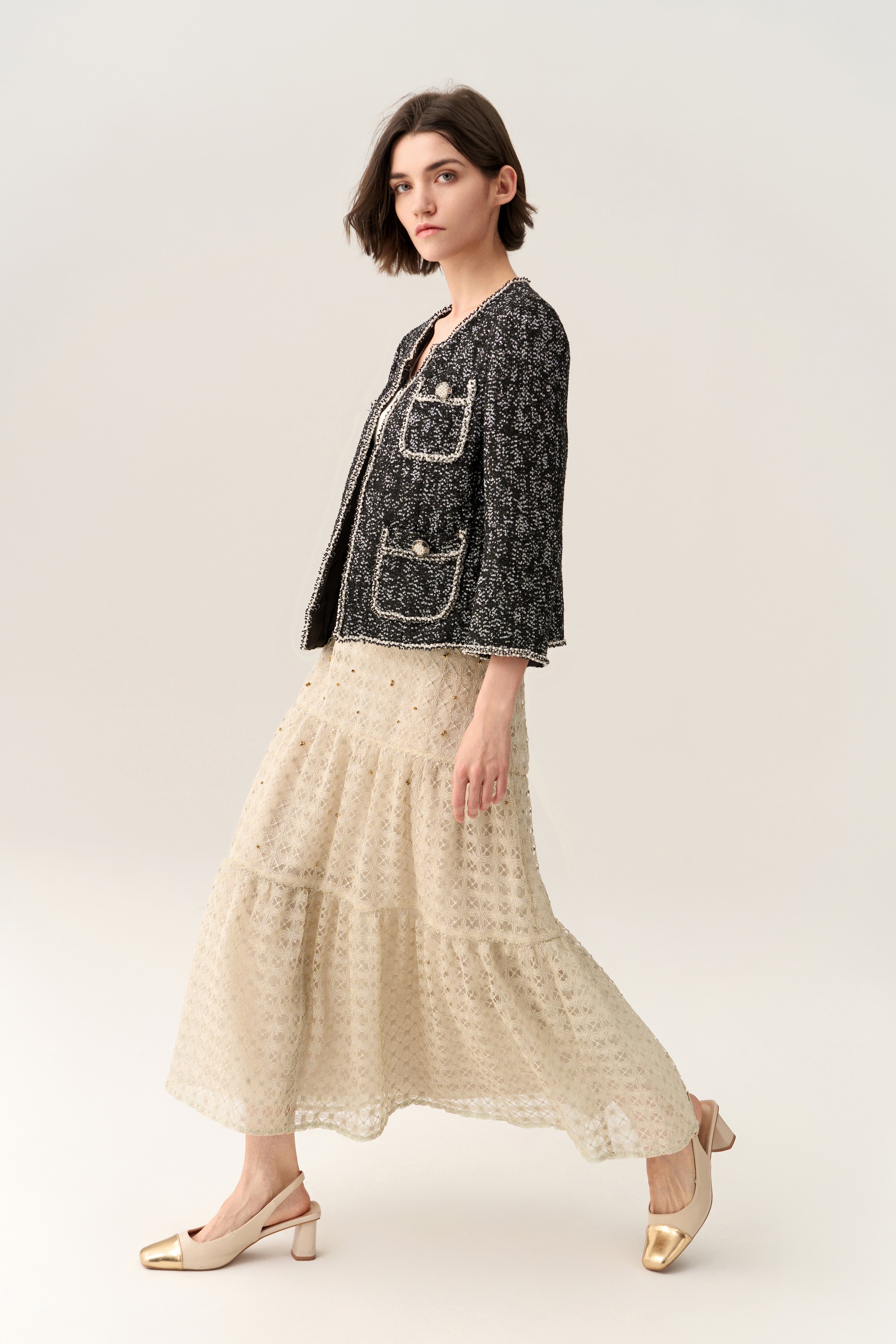 Elegant Panelled Lace Midi Skirt for Women - Floral Embroidery A-Line Skirt with High Waist - Perfect for Weddings, Parties & Office Wear