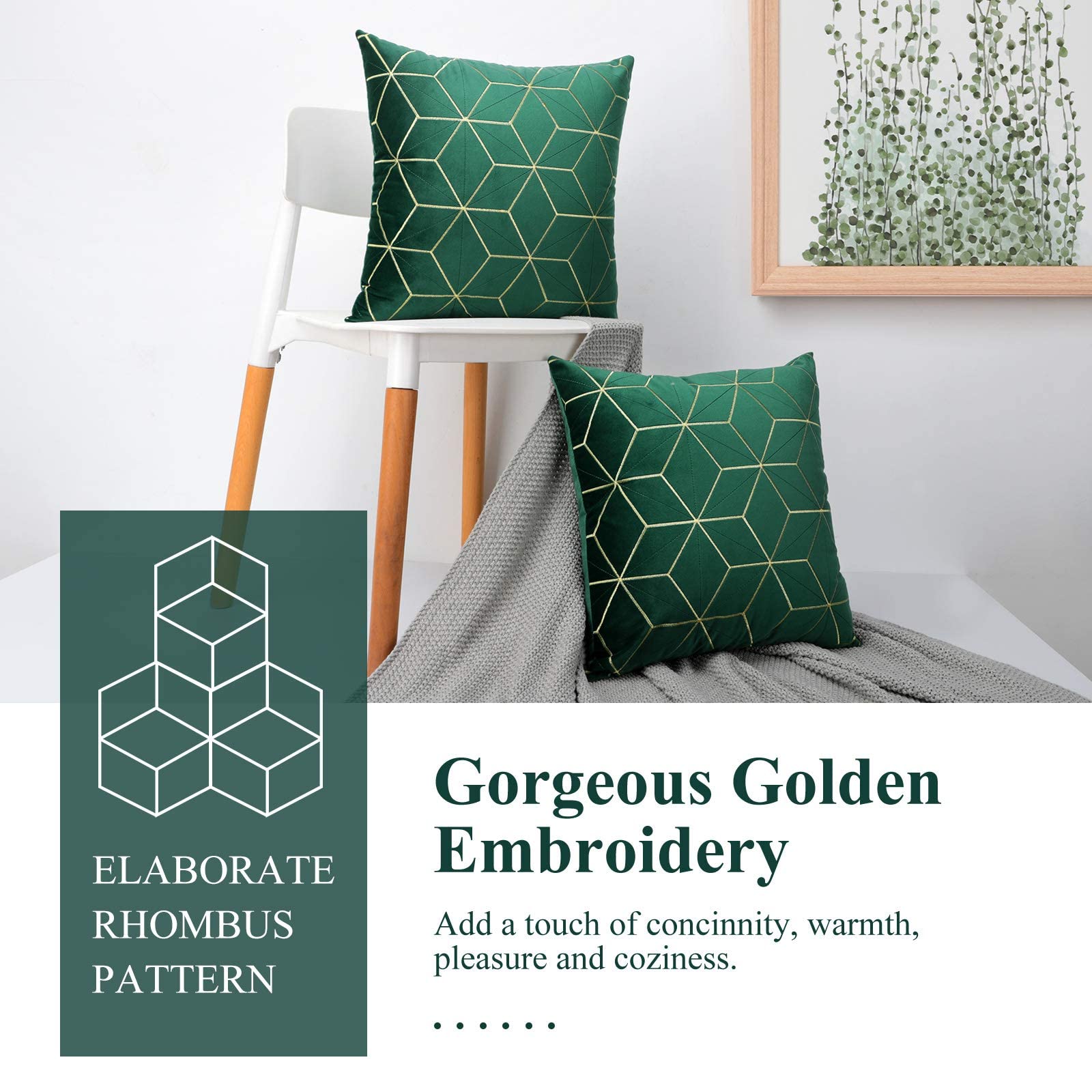 Soft Velvet Throw Pillow Covers 18x18 Inches (45x45cm) - 2 Pack Dark Green Embroidered Cushion Cases with Golden Diamond Pattern - Luxury Decorative Pillow Covers for Sofa, Bed, Car & Home Decor