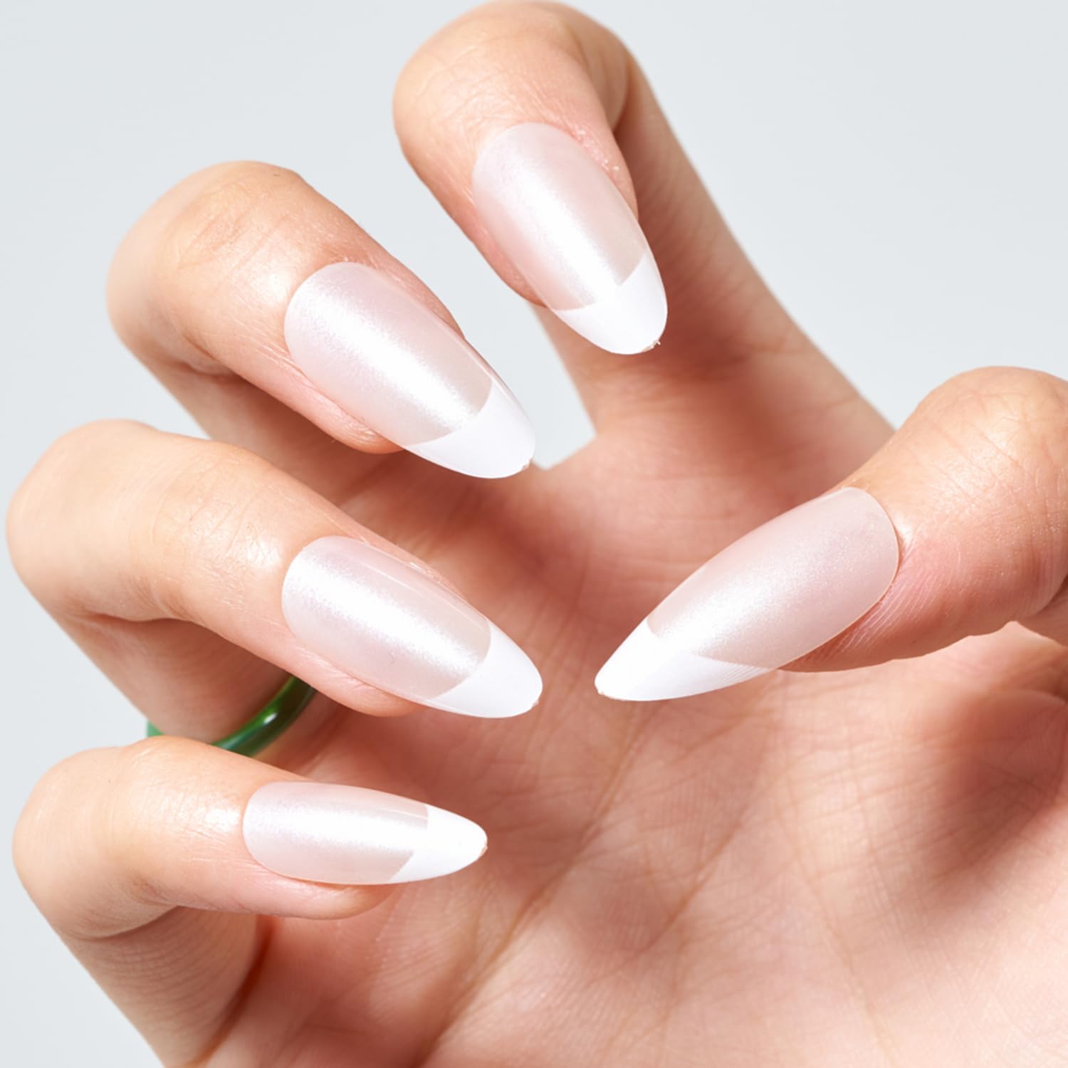 Glamermaid Nude Pink Press on Nails - Medium Almond Shape with Pearl French Tip Design, Reusable Acrylic Fake Nails for Women (Short Oval, Stiletto Style) - Perfect for Weddings, Parties, Date Nights & Everyday Glam