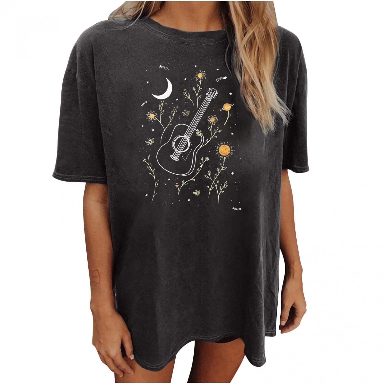 Women's Fashion Short Sleeve T-Shirts - Floral Moon Print Round Neck Casual Blouse Tops | Perfect for Everyday Wear, Summer Outfits & Casual Office Looks