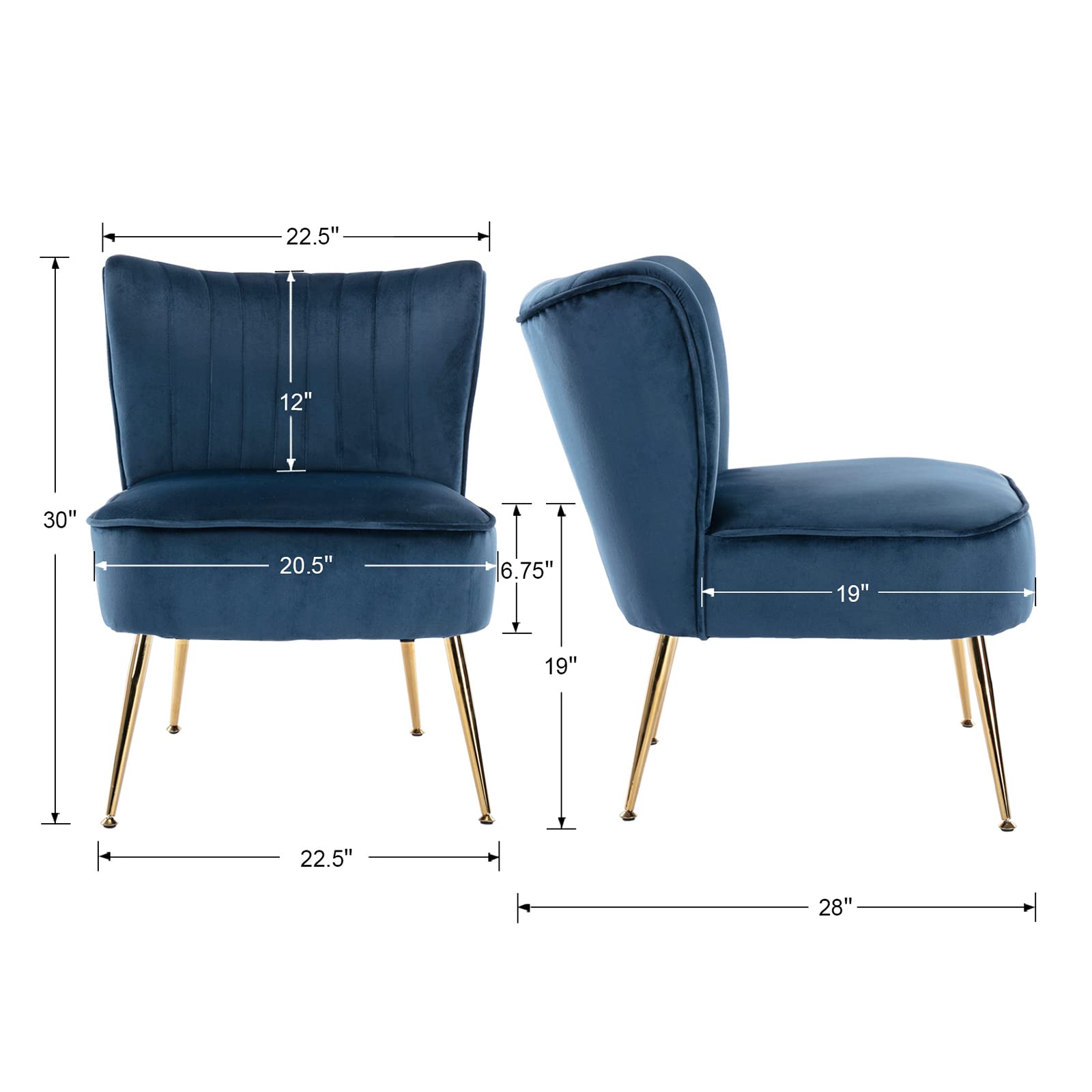 Velvet Accent Chair Set of 2 - Mid Century Modern Armless Slipper Chairs with Golden Metal Legs, Soft Upholstered Living Room Seating for Bedroom, Guest Room & Office - Blue Velvet Wingback Lounge Chairs (Perfect for Small Spaces, Reading Nooks & Cozy Corners)