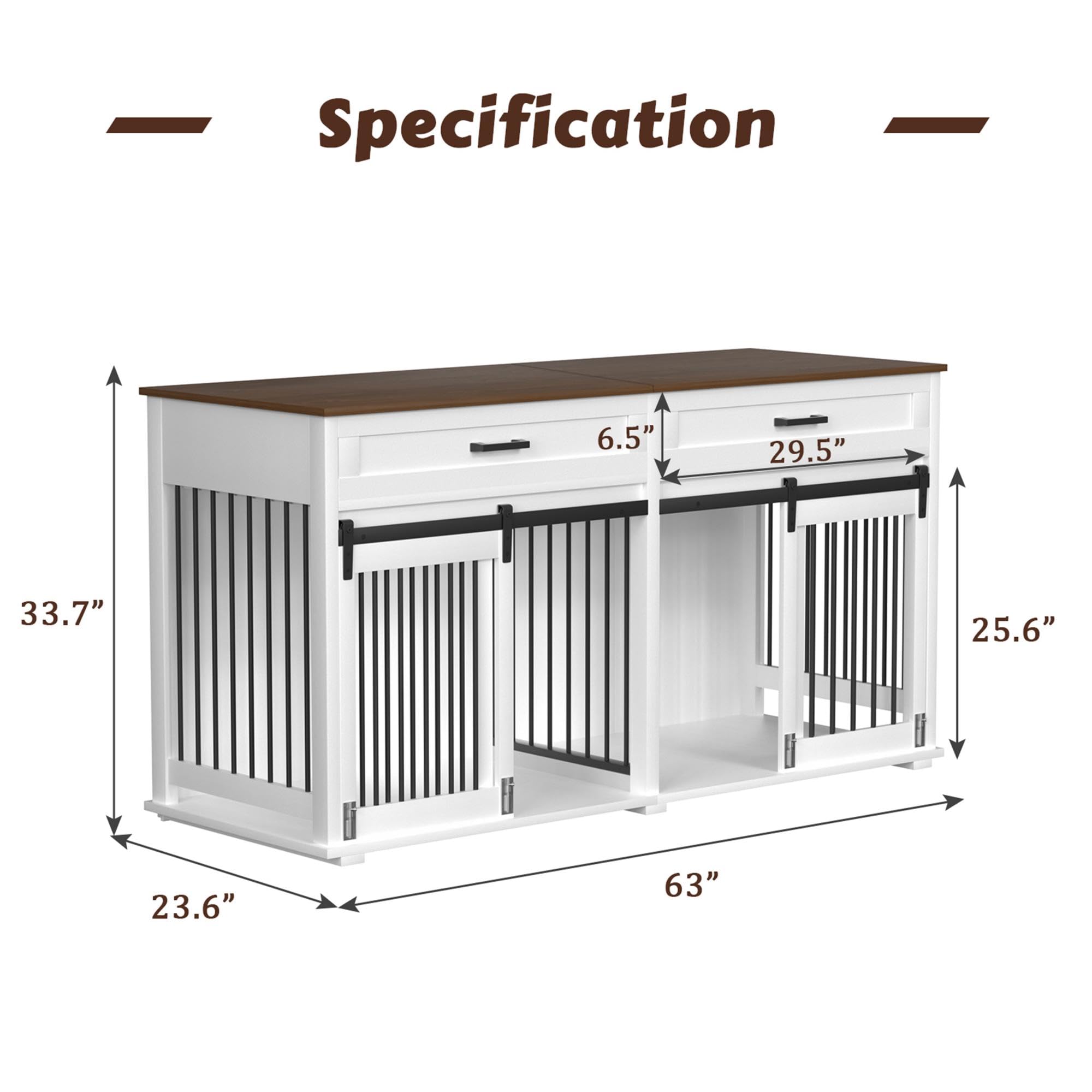 MUPATER Large Dog Crate Furniture for 2 Dogs - Double Wooden Dog Cage Table with Removable Divider, 2 Storage Drawers & Safety Locks | Indoor Pet Kennel Furniture for Living Room, Bedroom & Office (White)