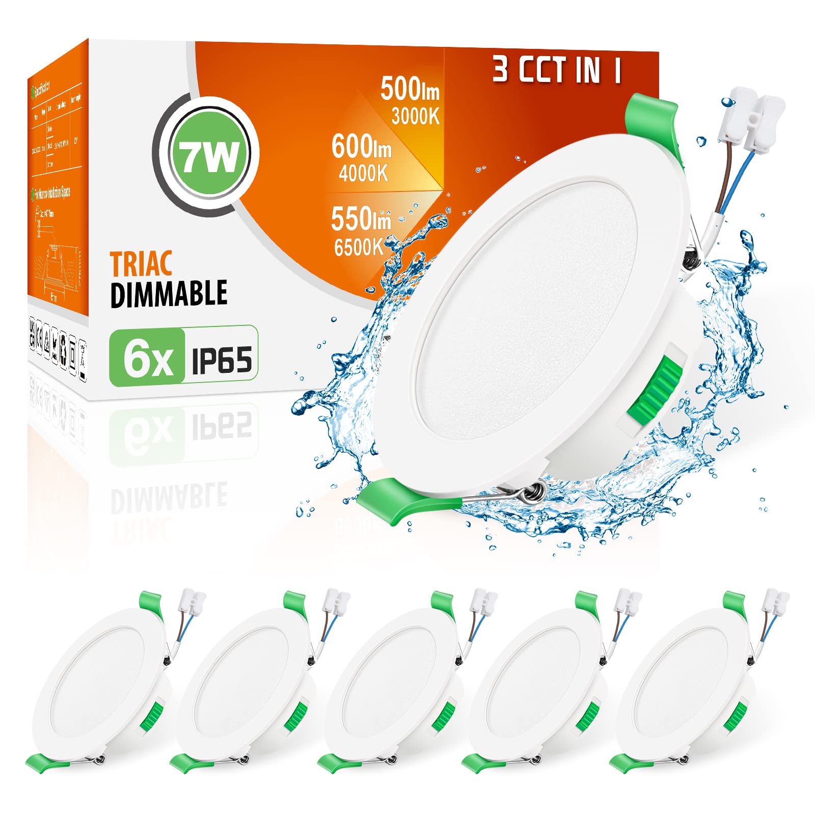 ALUSSO 6 Pack Ultra Slim LED Recessed Ceiling Lights - Dimmable 7W Downlights, IP65 Waterproof, 3000K/4000K/6500K Color Temperature Options - Perfect for Bathroom, Kitchen, and Living Room Spot Lighting