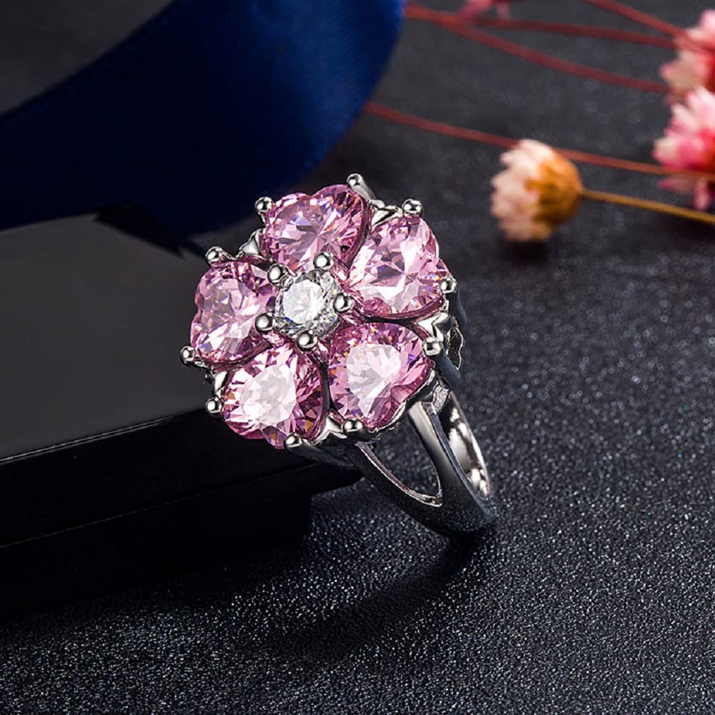925 Sterling Silver Flower Cluster Ring for Women - Pink Heart Cubic Zirconia Promise Ring, Halo Engagement Wedding Band, Eternity Ring Size 6 | Perfect for Valentine's Day, Anniversary Gift & Romantic Occasions