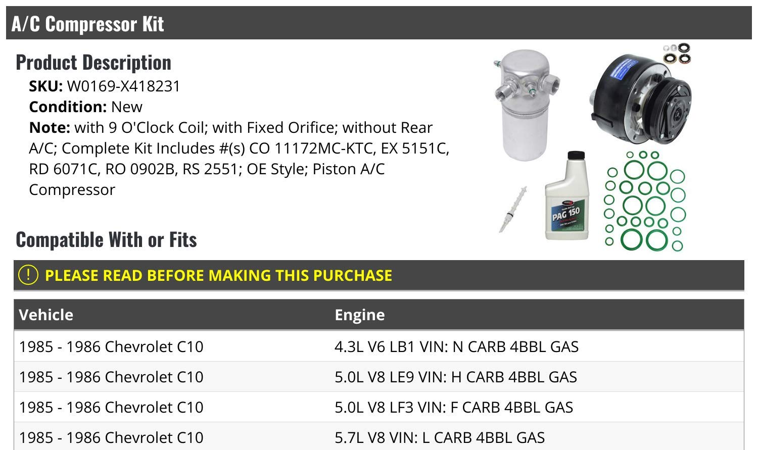 Chevy C10 AC Compressor Kit - Piston Style Replacement for 1985-1986 Models (9 O'Clock Coil, Fixed Orifice, No Rear AC) - Perfect for Classic Truck Restoration & Summer Cooling System Repair