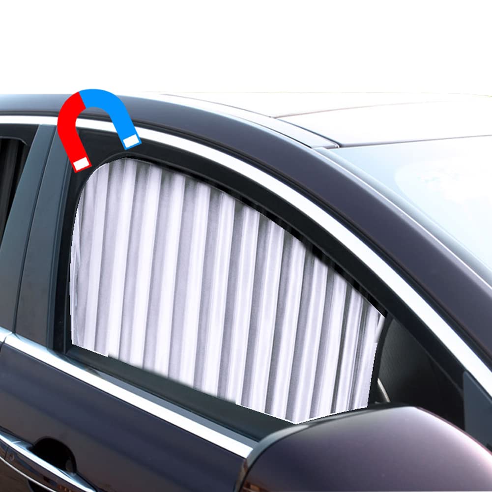 Premium Car Side Window Sun Shade - Magnetic Suction Pleated Curtain (Silver, 2pcs for Front Seat) | UV Protection & Heat Blocking for Summer Driving Comfort