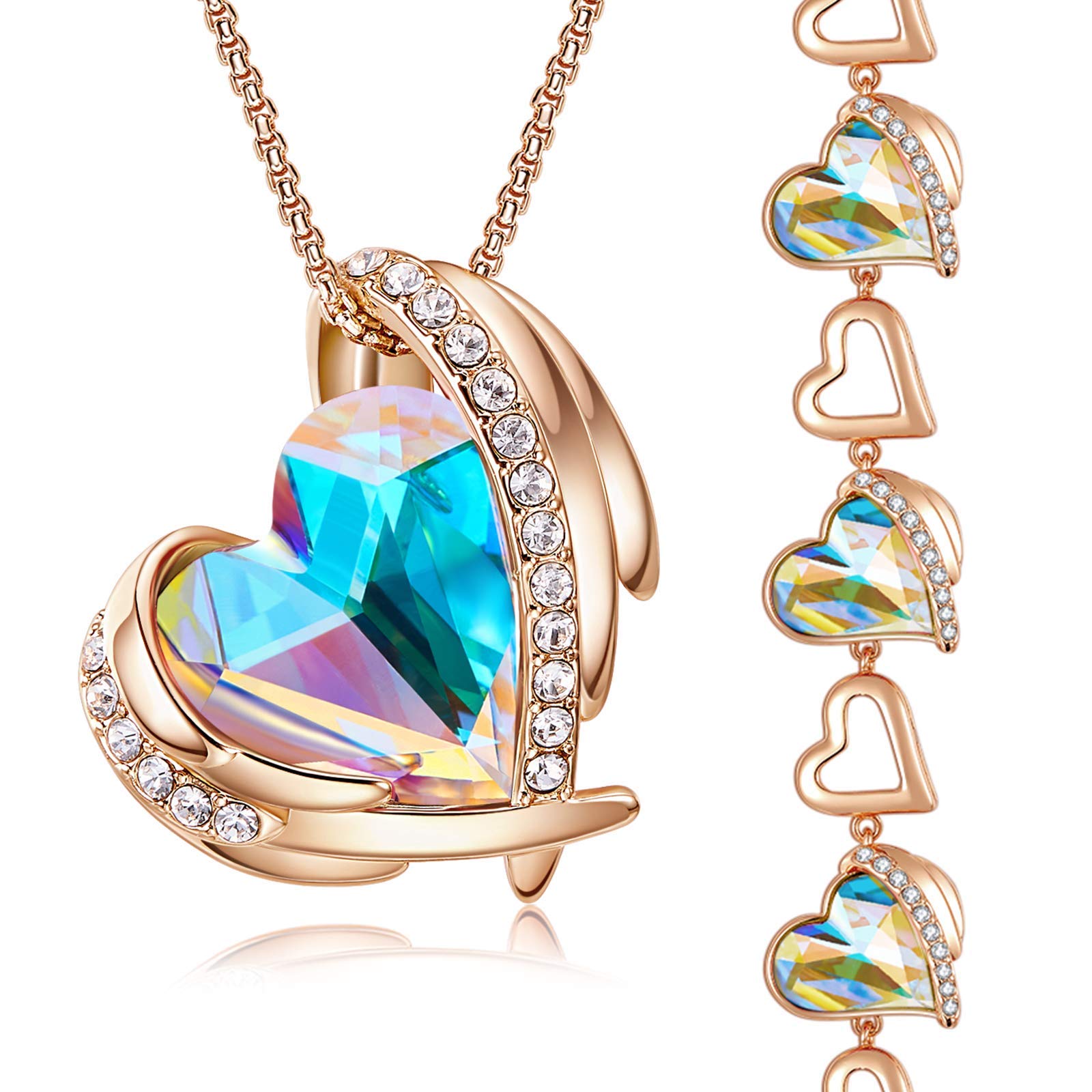 Pink Angel Jewelry Set - Rose Gold Plated Heart Necklace & Bracelet for Women | Birthday Gift for Mom, Best Friend, Wife | Perfect for Valentine's Day, Anniversary & Special Occasions
