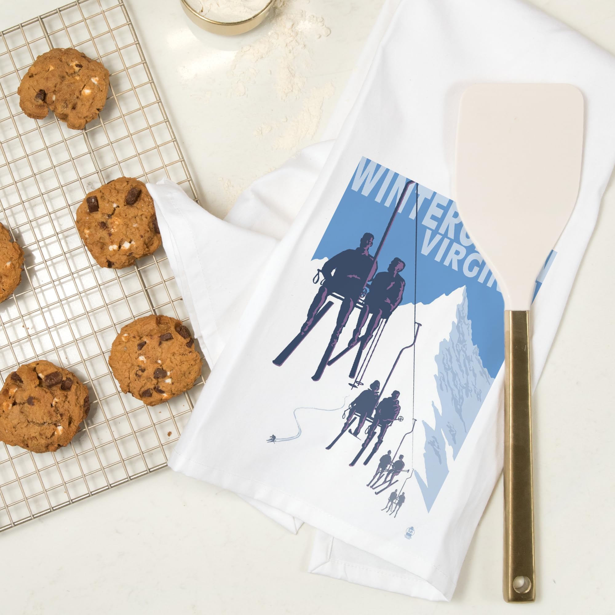 Wintergreen Virginia Skiers on Lift - 100% Cotton Tea Towel, Decorative Hand Towel for Kitchen & Home - Perfect for Dish Drying, Gift Giving & Cabin Decor