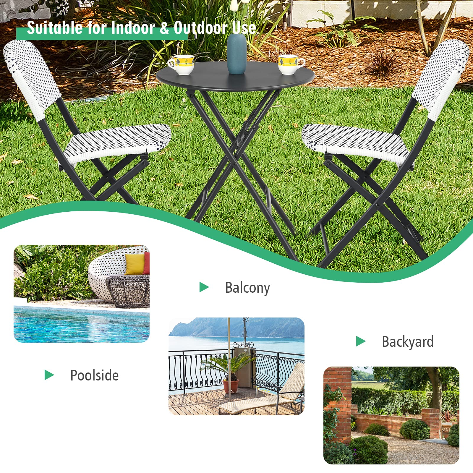 Giantex 3-Piece Patio Dining Set - Folding Bistro Table with 2 Rattan Chairs, Metal Frame Indoor/Outdoor Furniture for Garden, Balcony, Porch, Yard, Lawn & Poolside (White & Black) - Perfect for Outdoor Entertaining, Relaxing & Dining Al Fresco