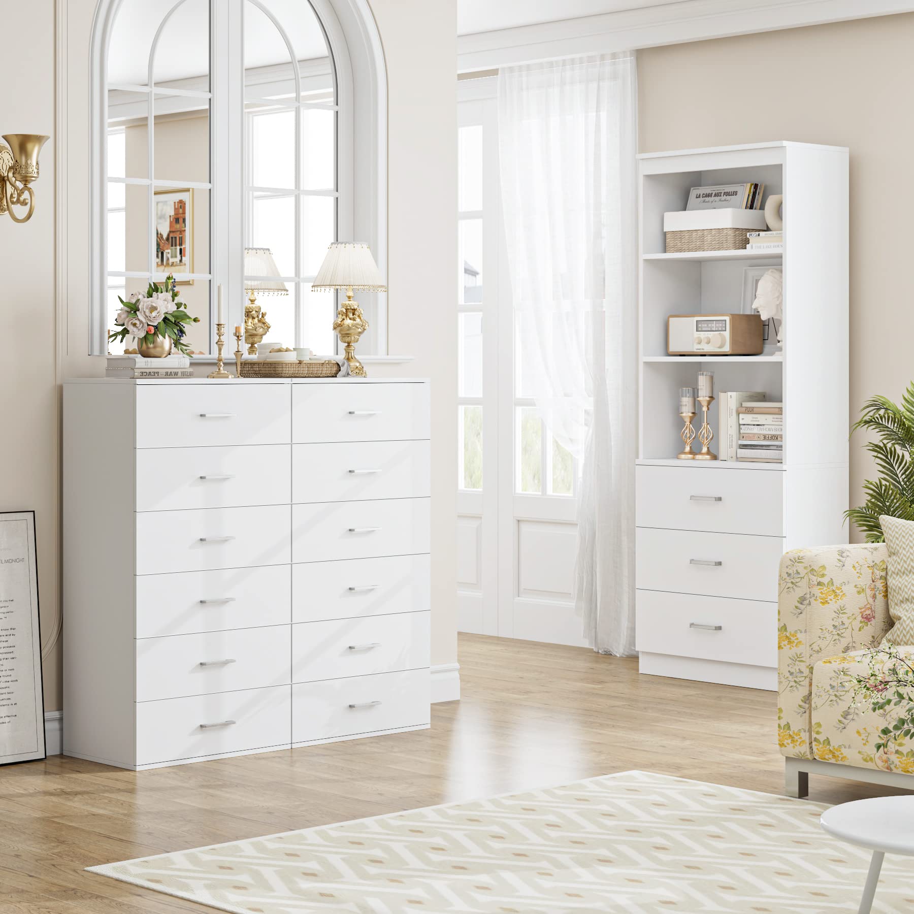 FOTOSOK 6-Drawer White Dresser - Modern Tall Chest of Drawers with Metal Handles, 23.6