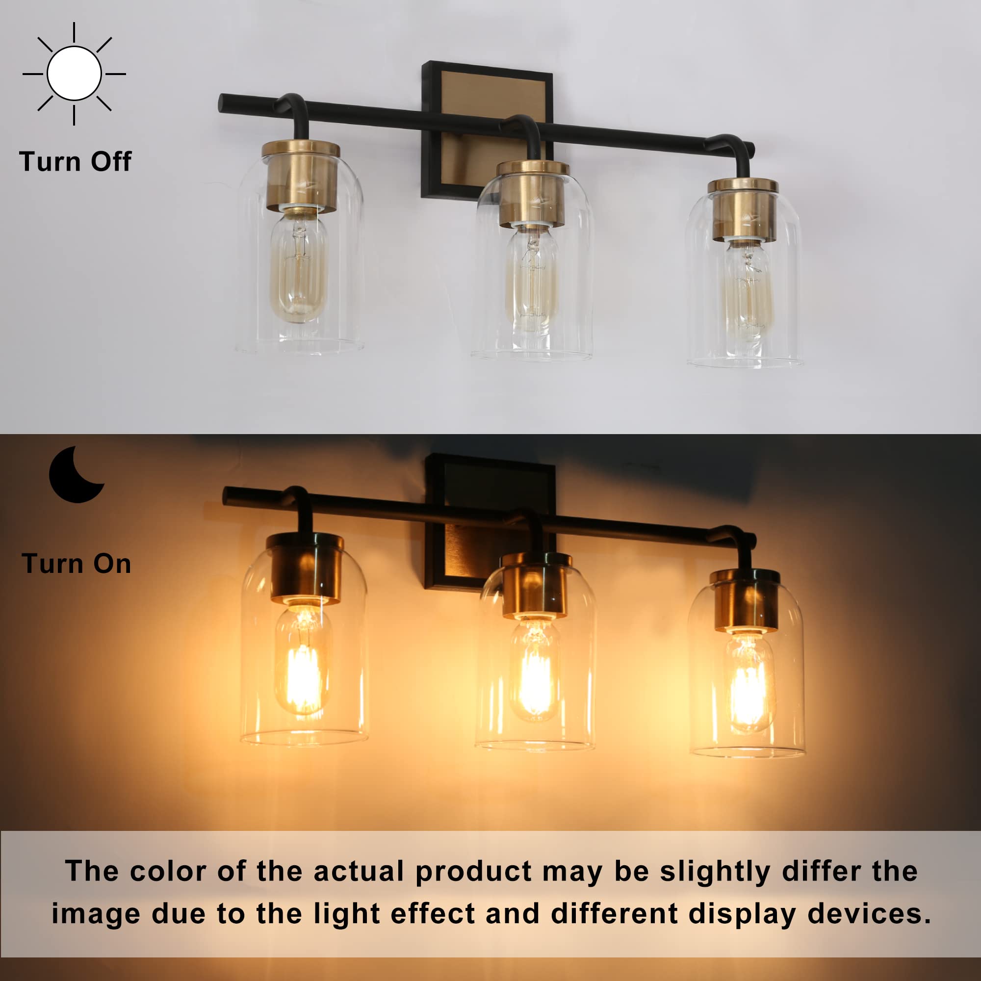 ZEVNI 3-Light Bathroom Vanity Light Fixture - Black & Gold Modern Sconce with Clear Cylinder Glass Shades, 19.5