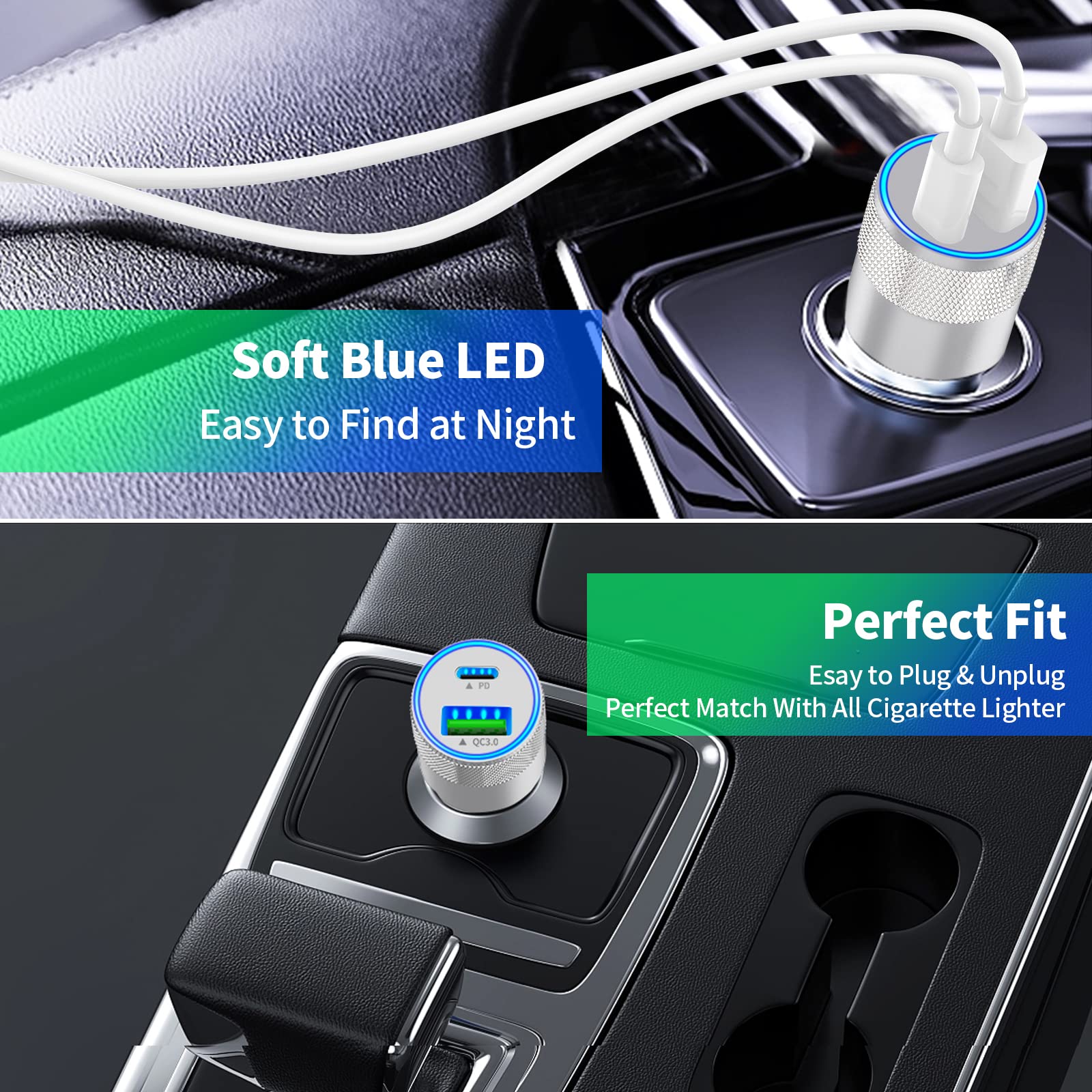 Braveridge 48W Dual USB-C PD/QC3.0 Fast Car Charger with 2 Pack Lightning Cables - MFi Certified for iPhone 14/13/12/11 Pro/XS/XR/SE & iPad - Perfect for Road Trips & Daily Commuting