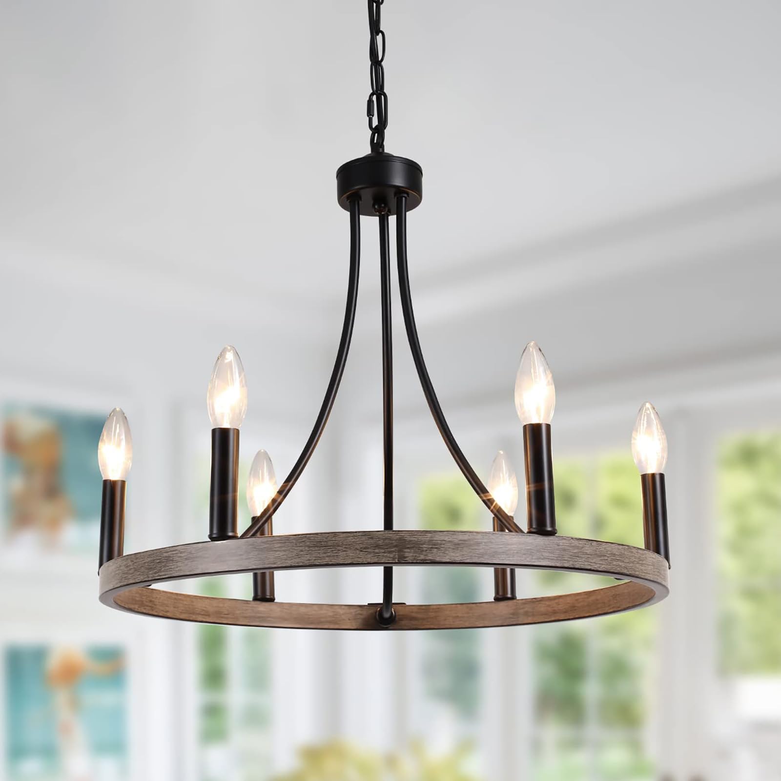 ANKYLHUA Black Farmhouse Wagon Wheel Chandelier - 6-Light Rustic Industrial Pendant Light Fixture for Dining Room, Living Room, Entryway & Foyer | Perfect for Farmhouse, Industrial & Vintage Home Decor