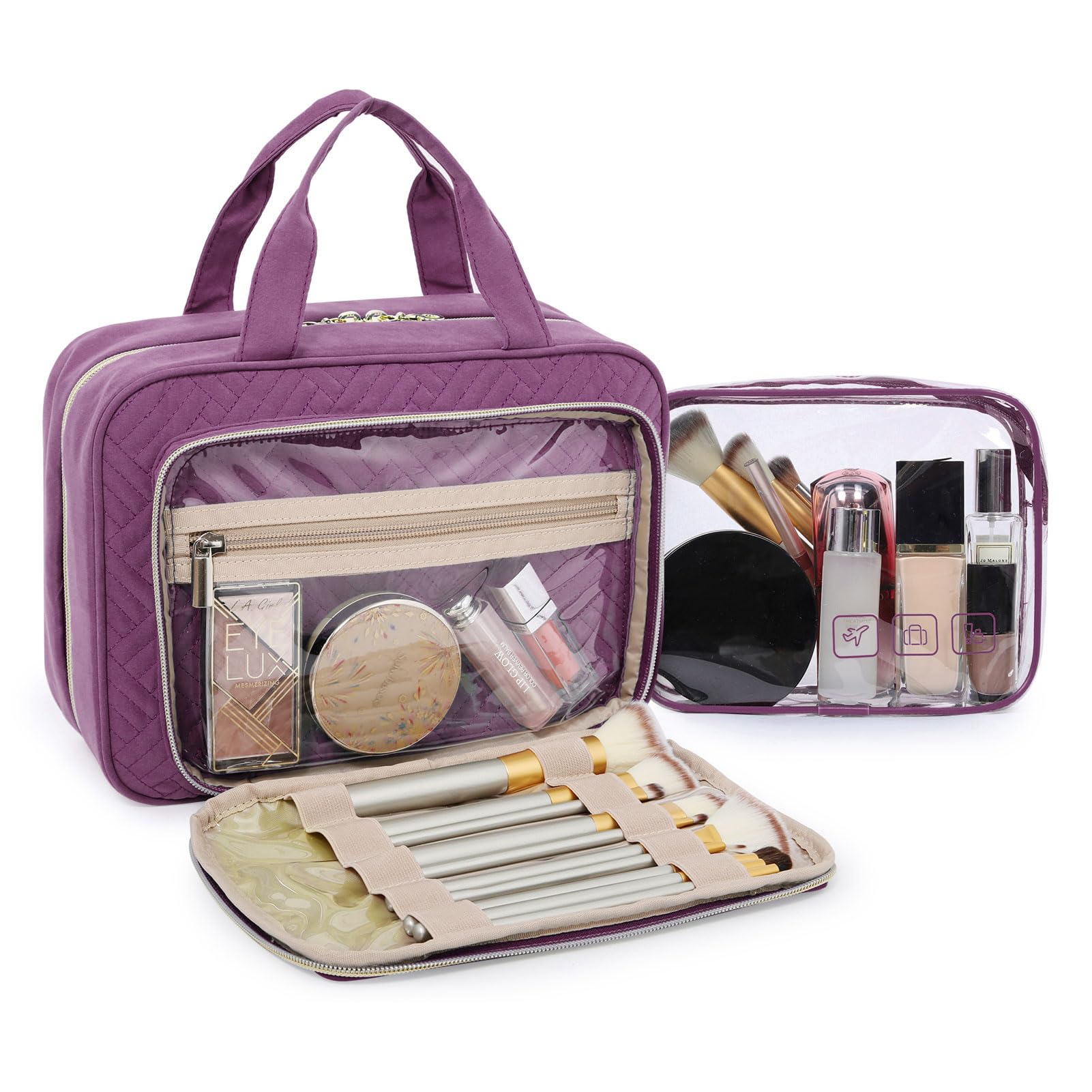 BAGSMART Hanging Toiletry Bag for Travel - Large TSA Approved Transparent Cosmetic Organizer with Full Size Toiletries Capacity, Purple | Perfect for Air Travel, Camping & Gym Essentials Organization